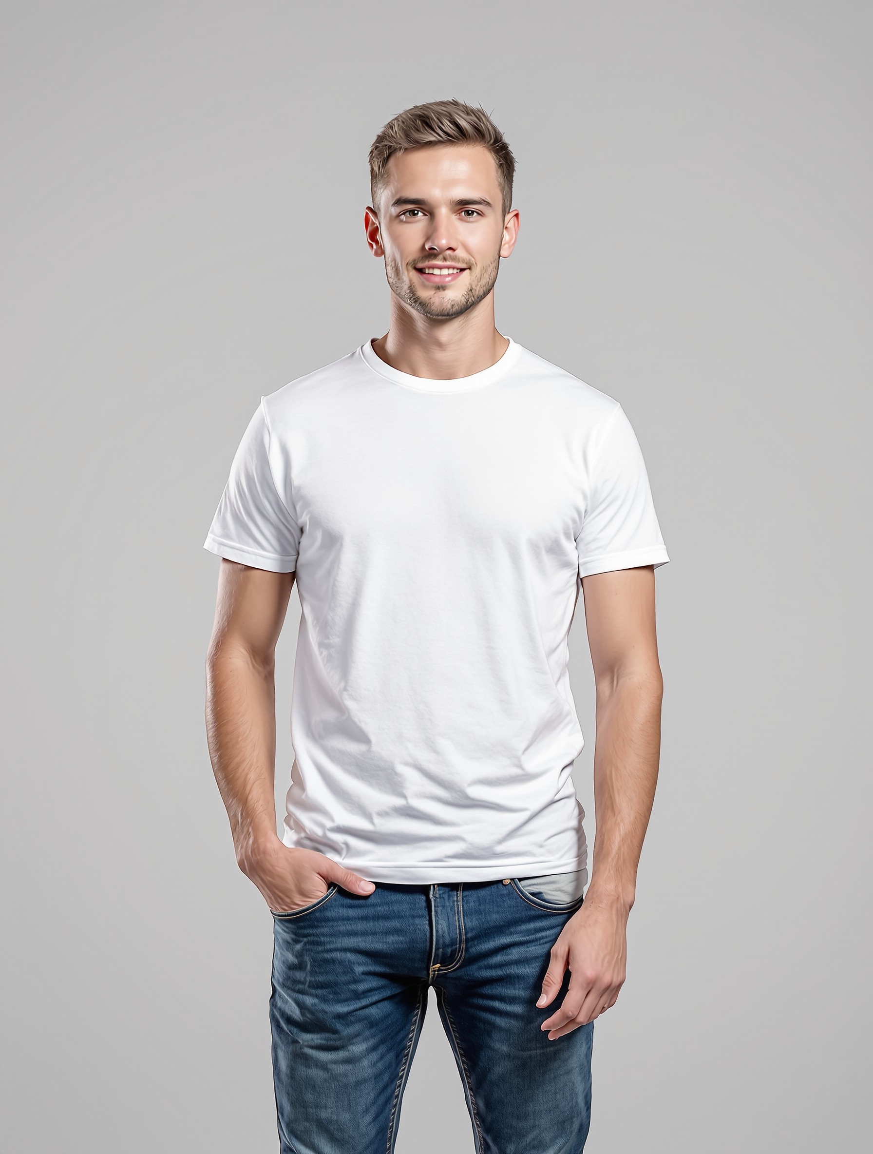 Man in white crew neck t-shirt and blue jeans smiling