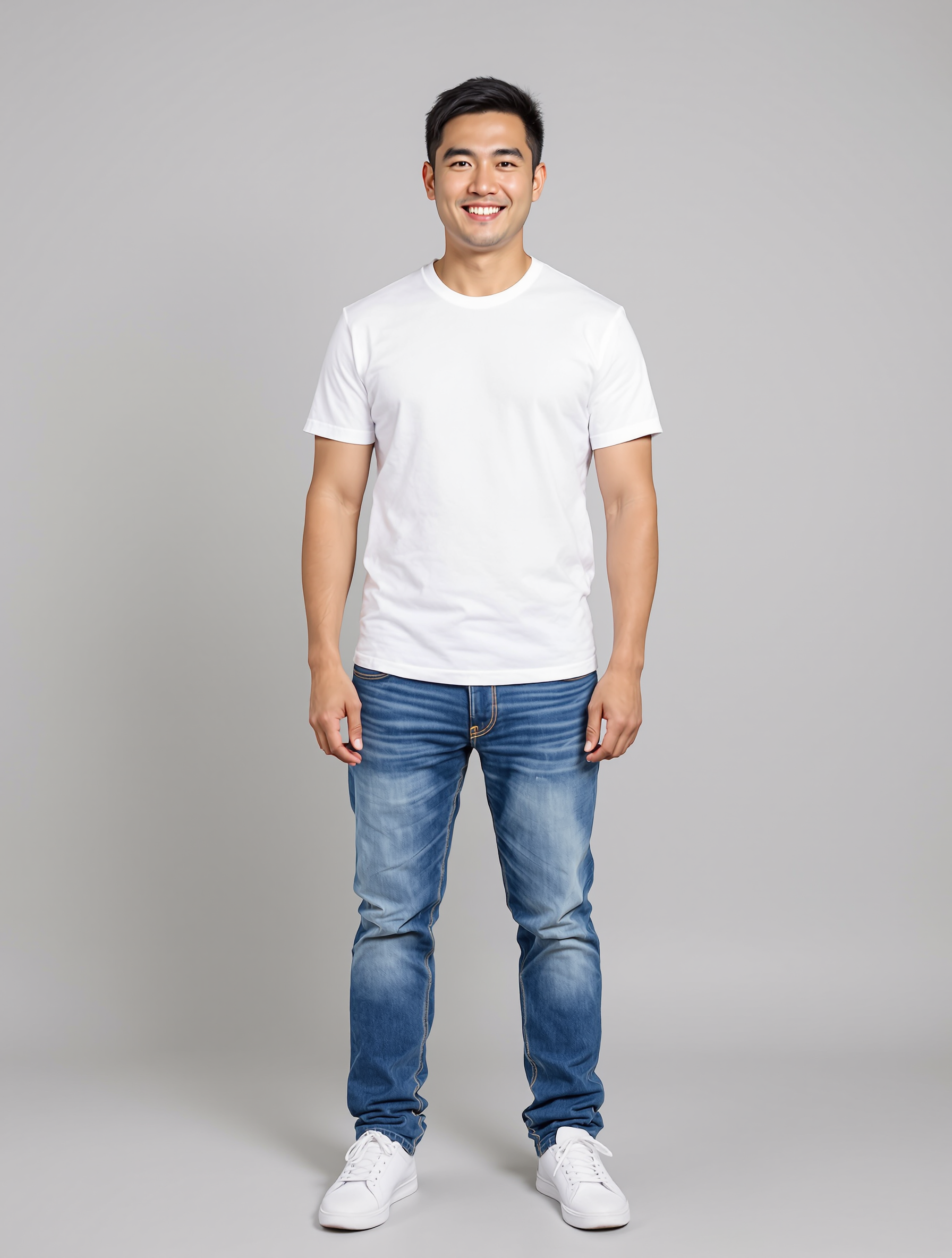 Man in white t-shirt and blue jeans smiling at camera