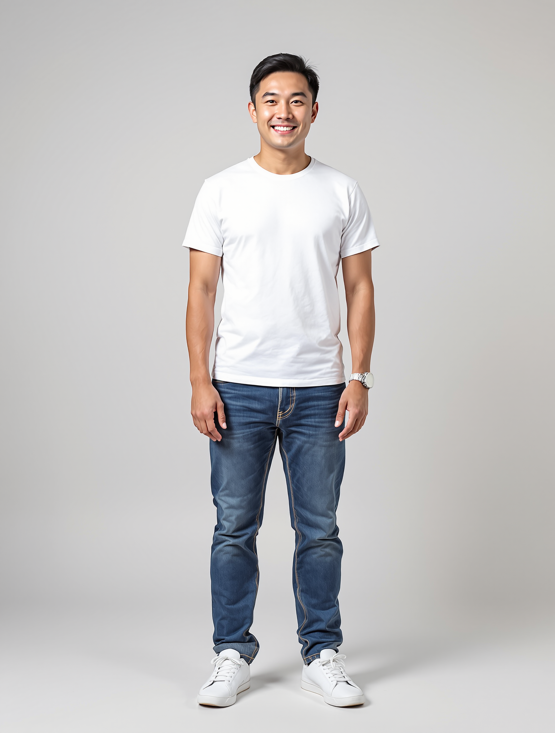 Man in white t-shirt and blue jeans smiling at camera