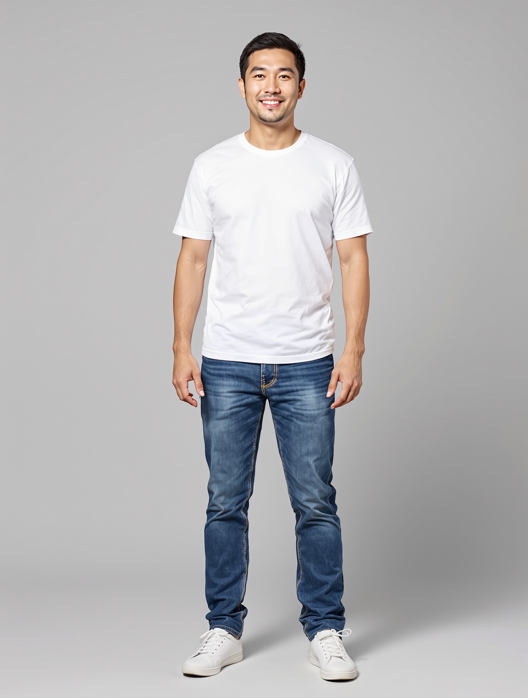 Man in white t-shirt and blue jeans standing against gray background