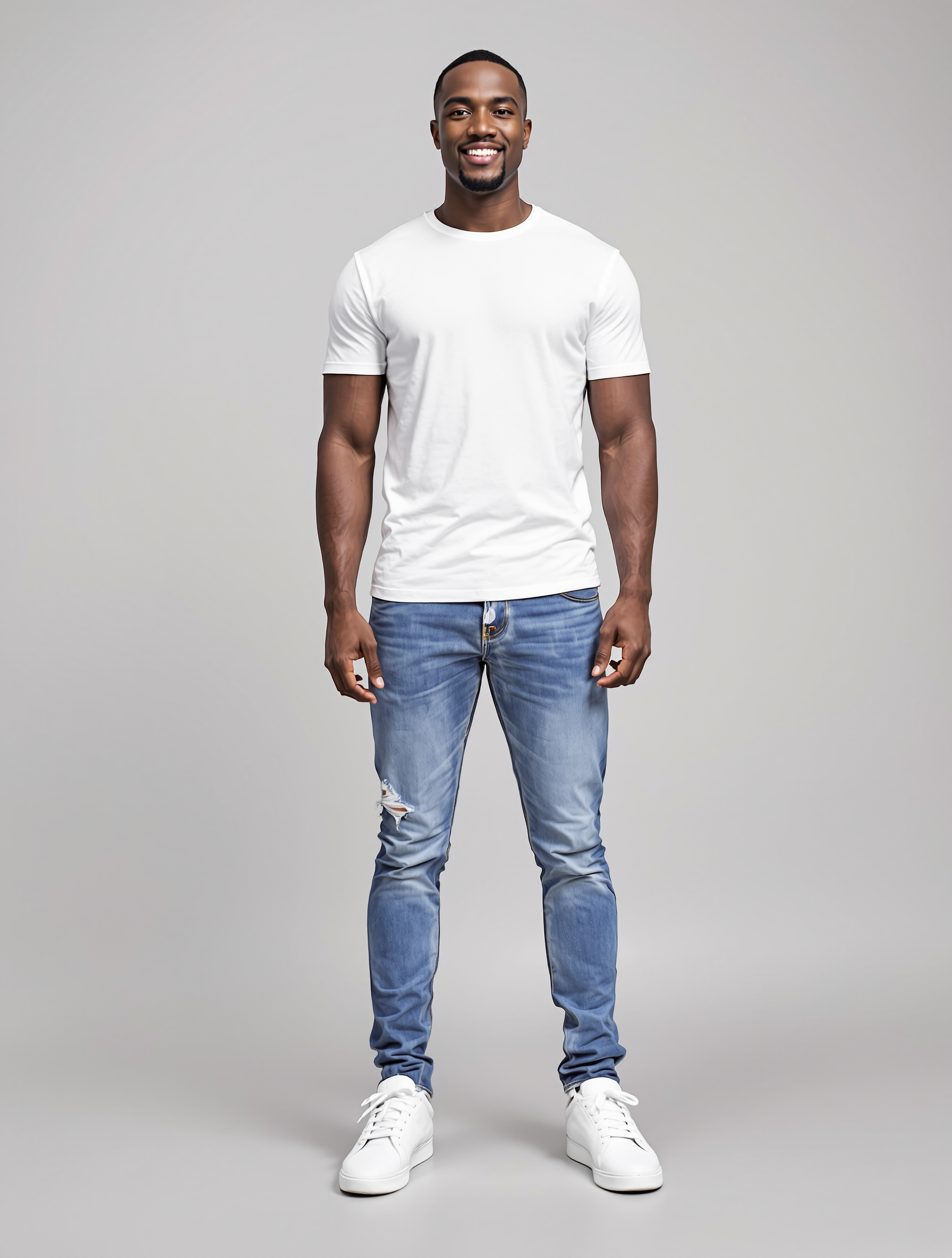 Man in white t-shirt and distressed blue jeans smiling