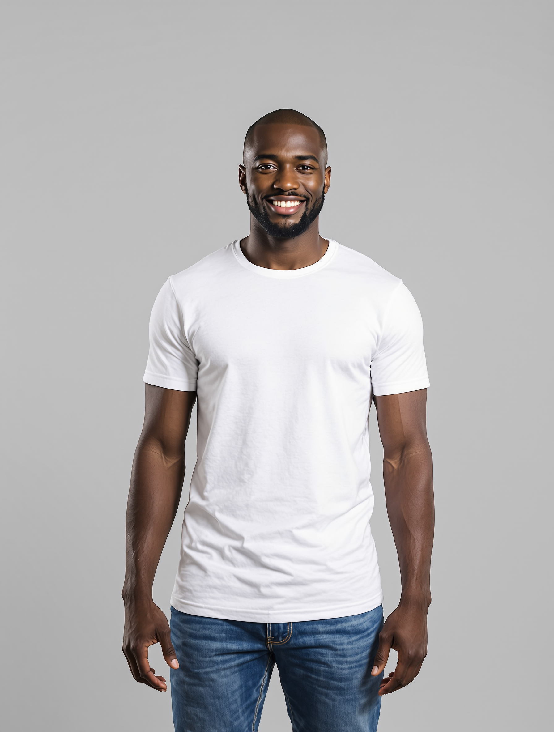 Man in white t-shirt and blue jeans smiling at camera