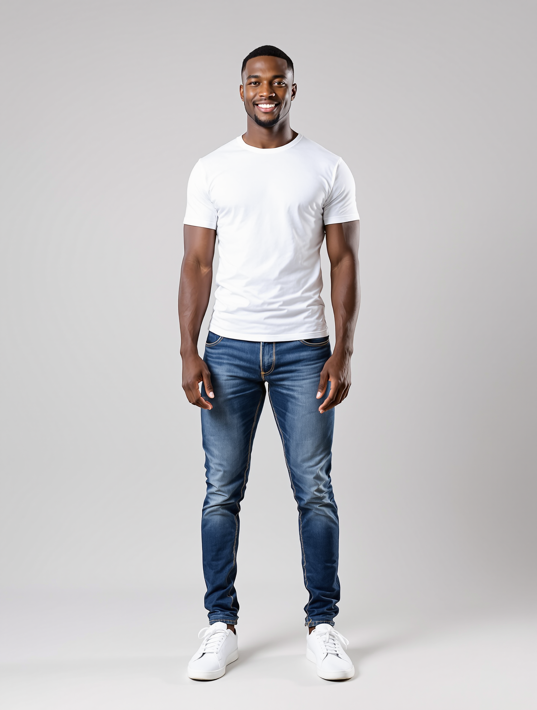Man in white t-shirt and dark blue jeans standing against gray background