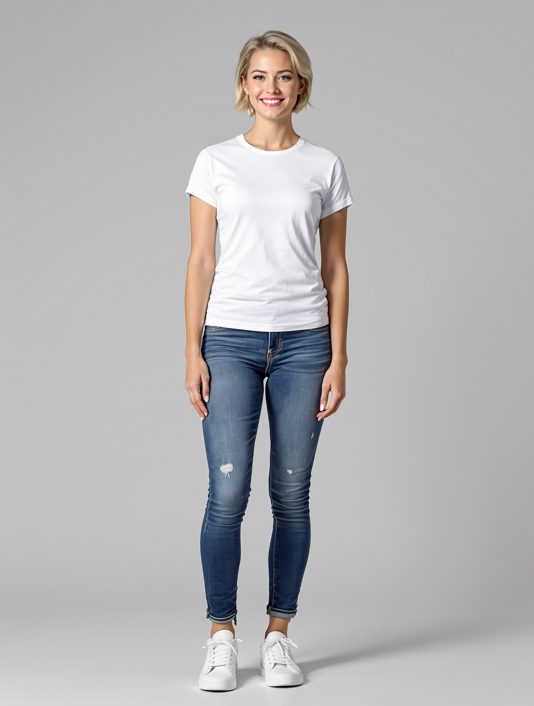 Woman in white tee and distressed blue jeans with white sneakers