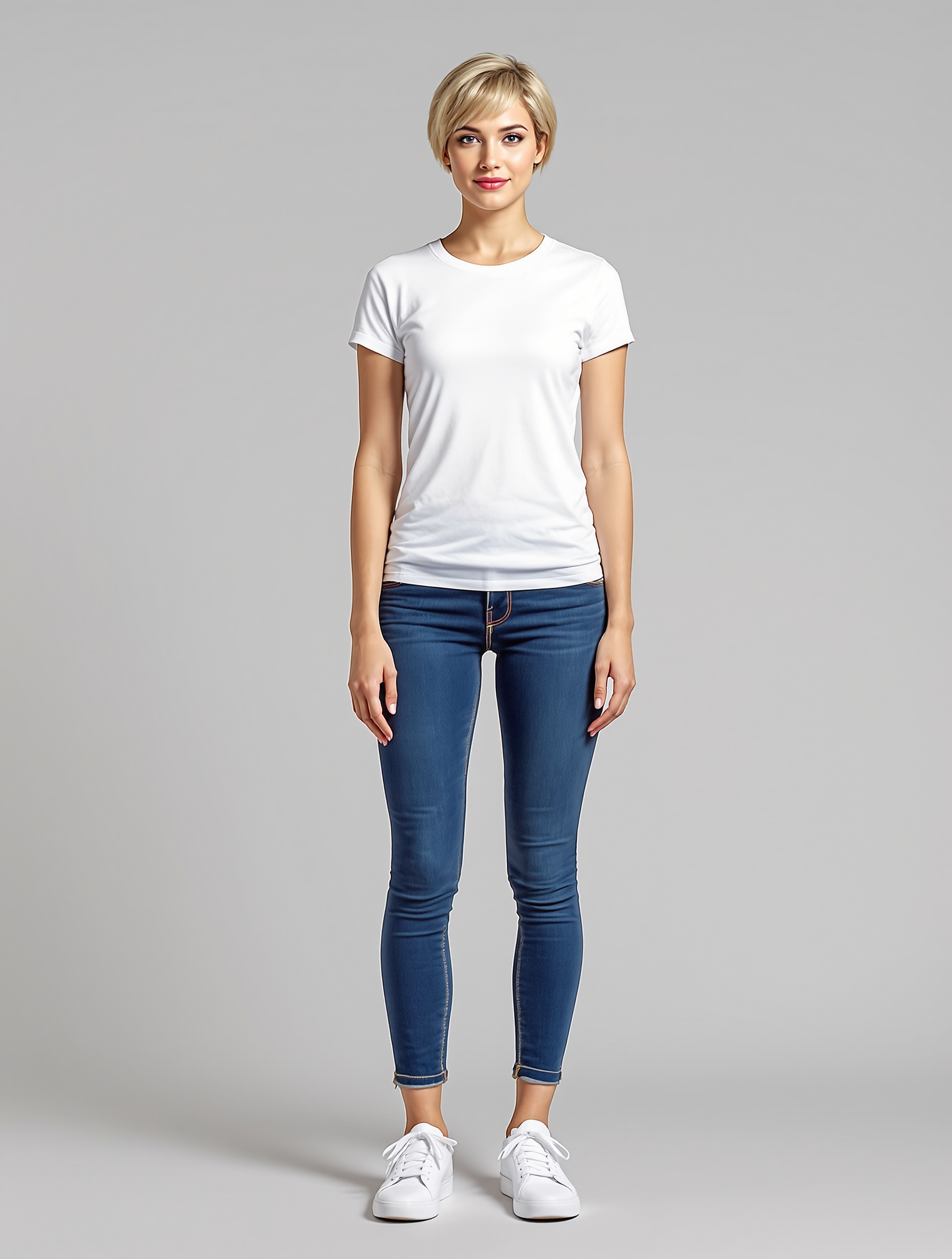 Woman in white tee and blue skinny jeans with white sneakers