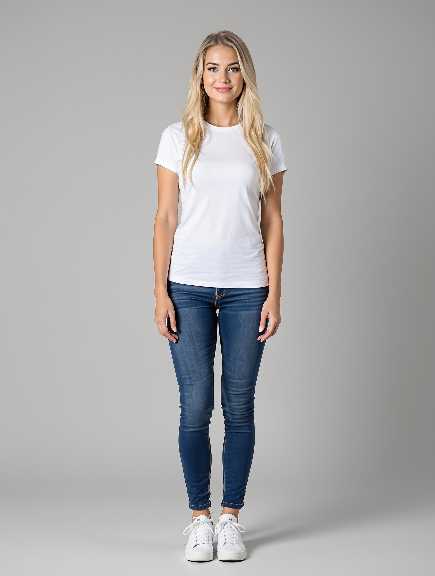 Person in white t-shirt and dark blue jeans standing against gray background