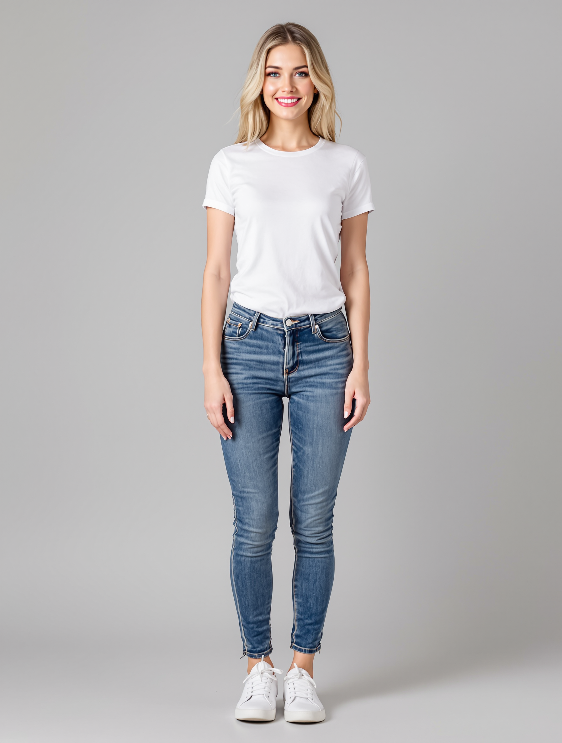 Person in white t-shirt and blue skinny jeans with white sneakers