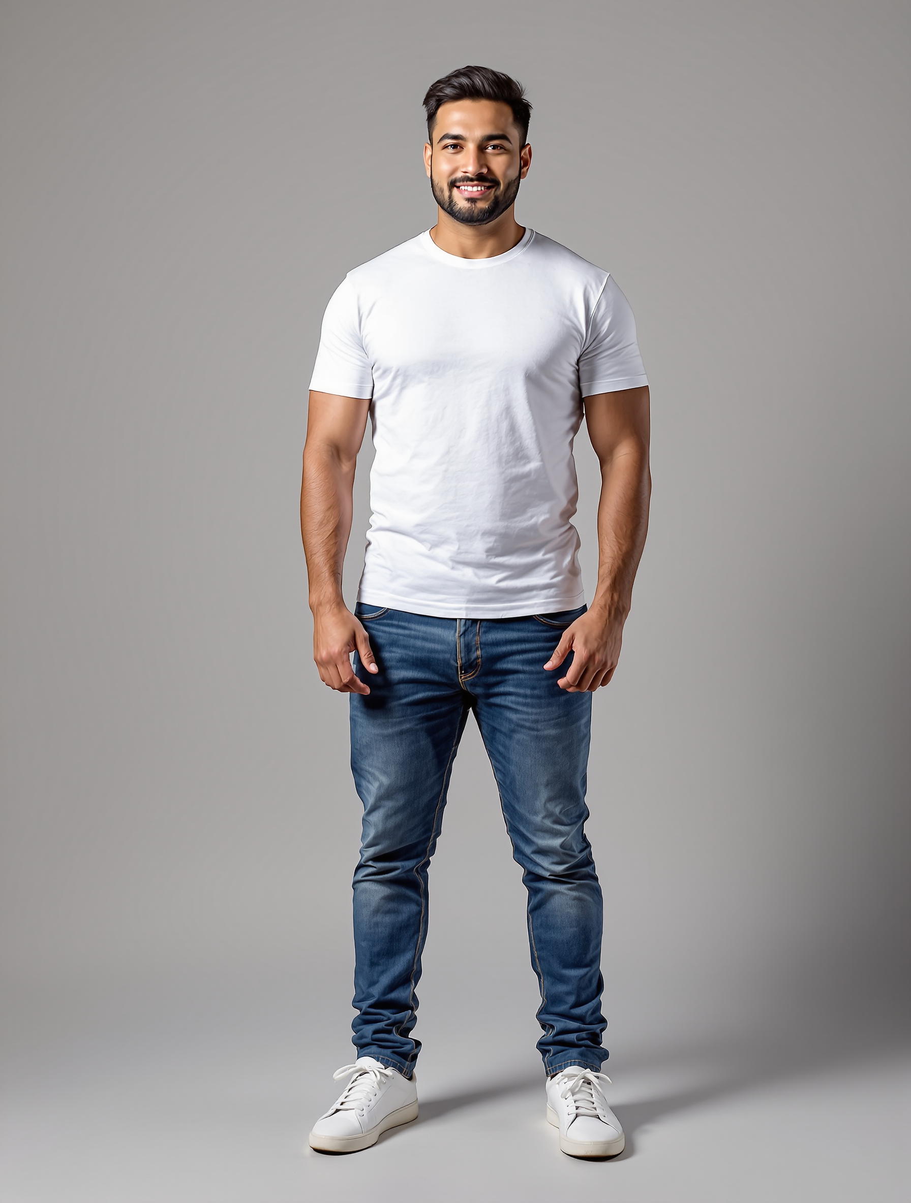 Man in white t-shirt and dark blue jeans standing against gray background