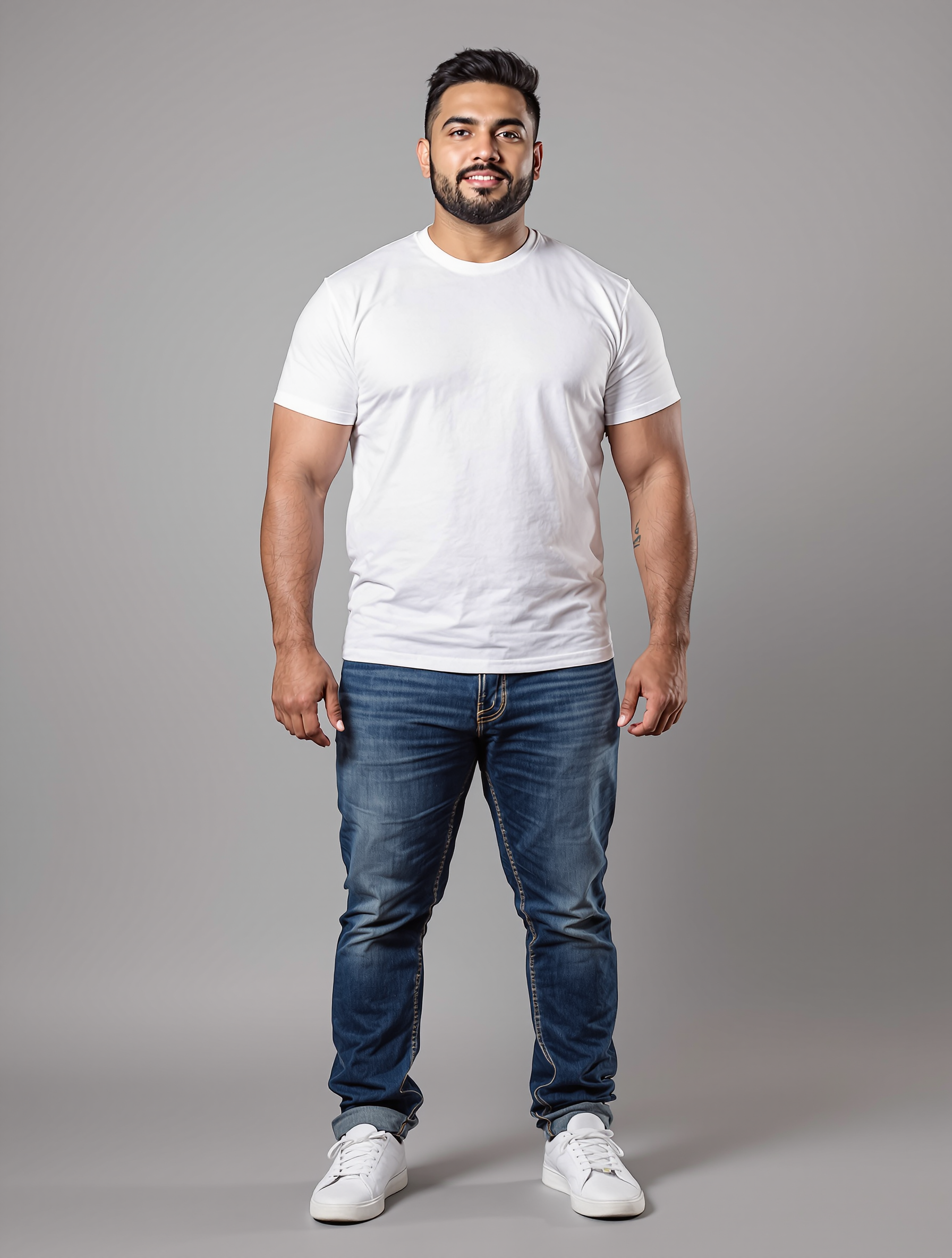 Man in white t-shirt and dark jeans with white sneakers