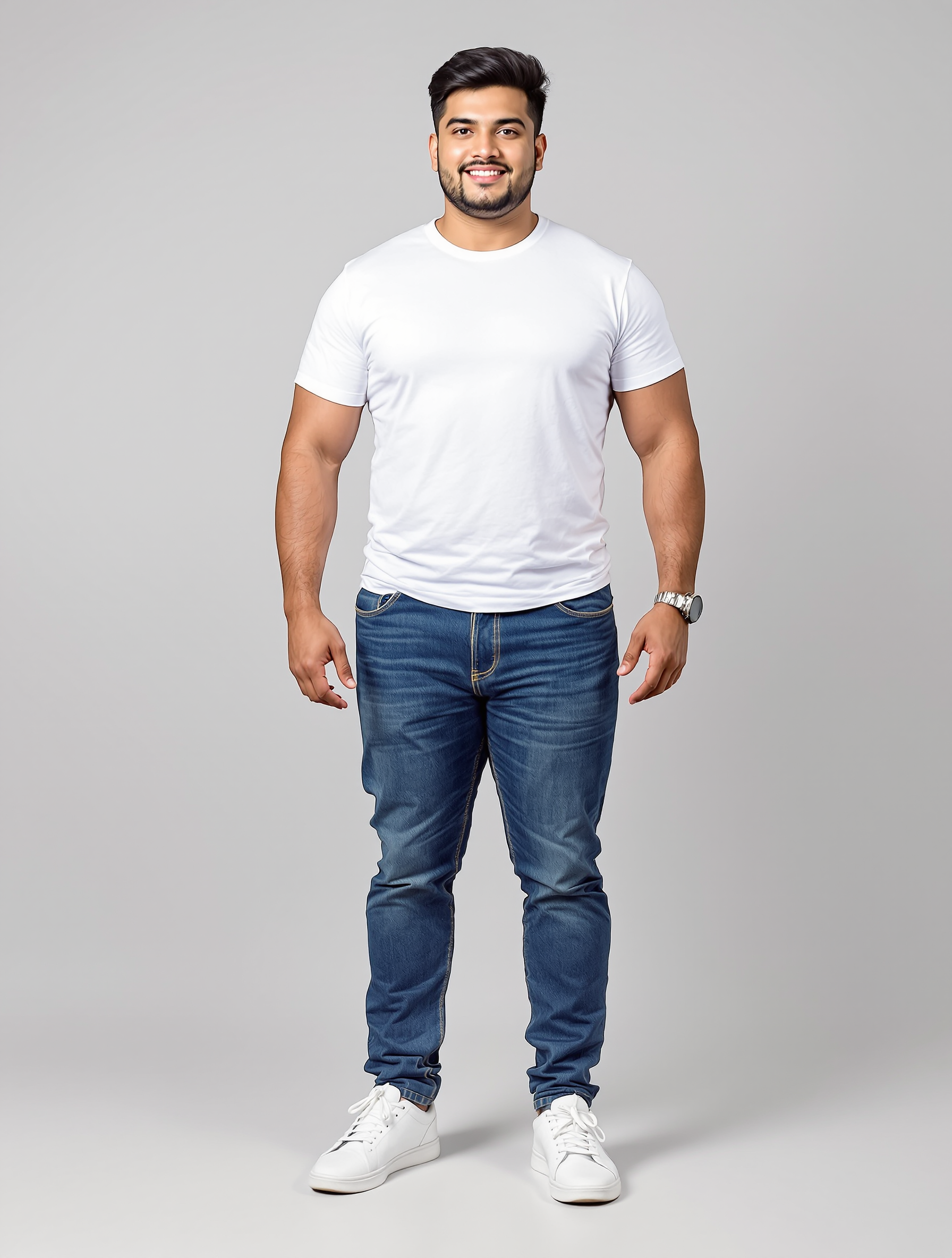 Man in white t-shirt and blue jeans smiling at camera