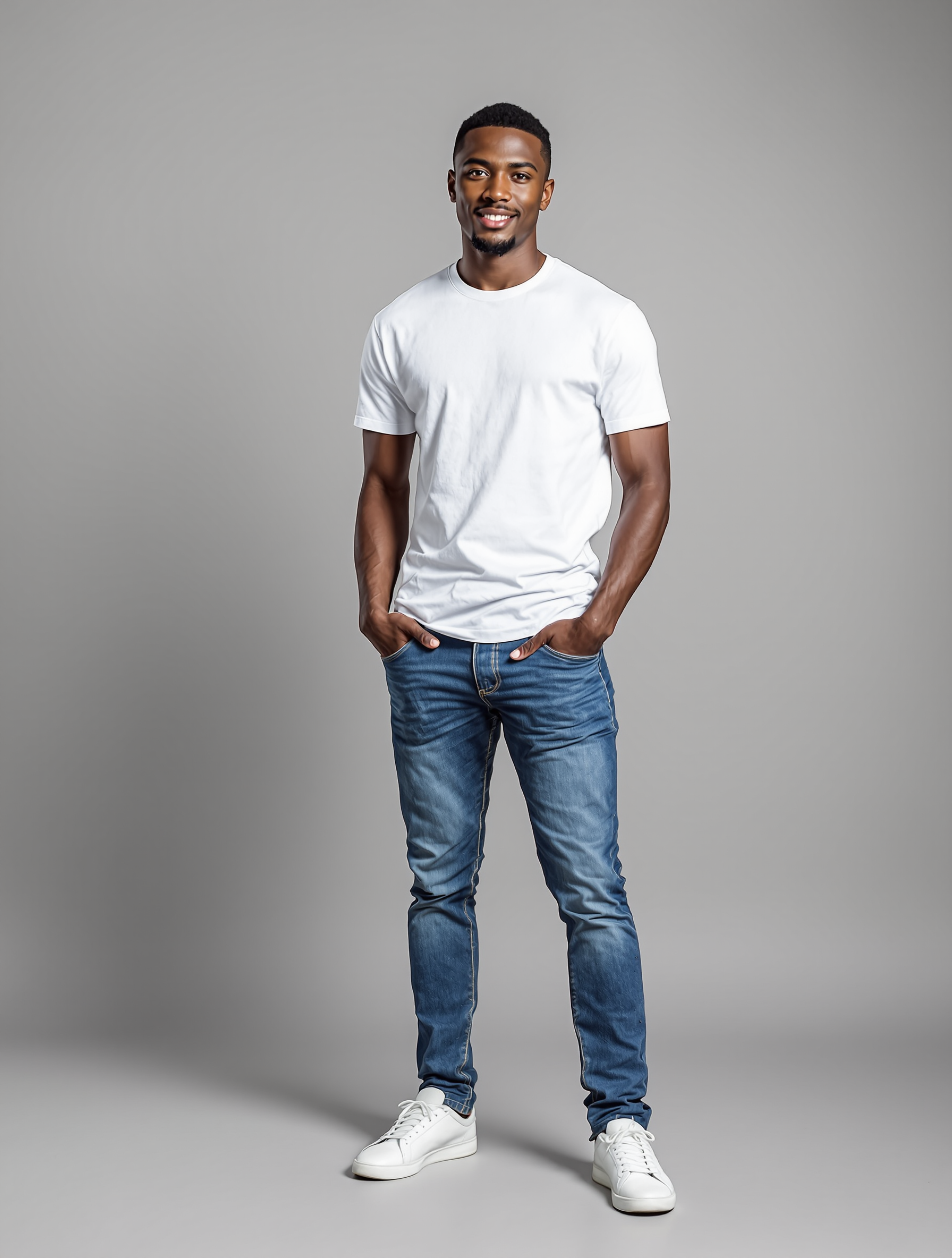 Man in white t-shirt and blue jeans with white sneakers