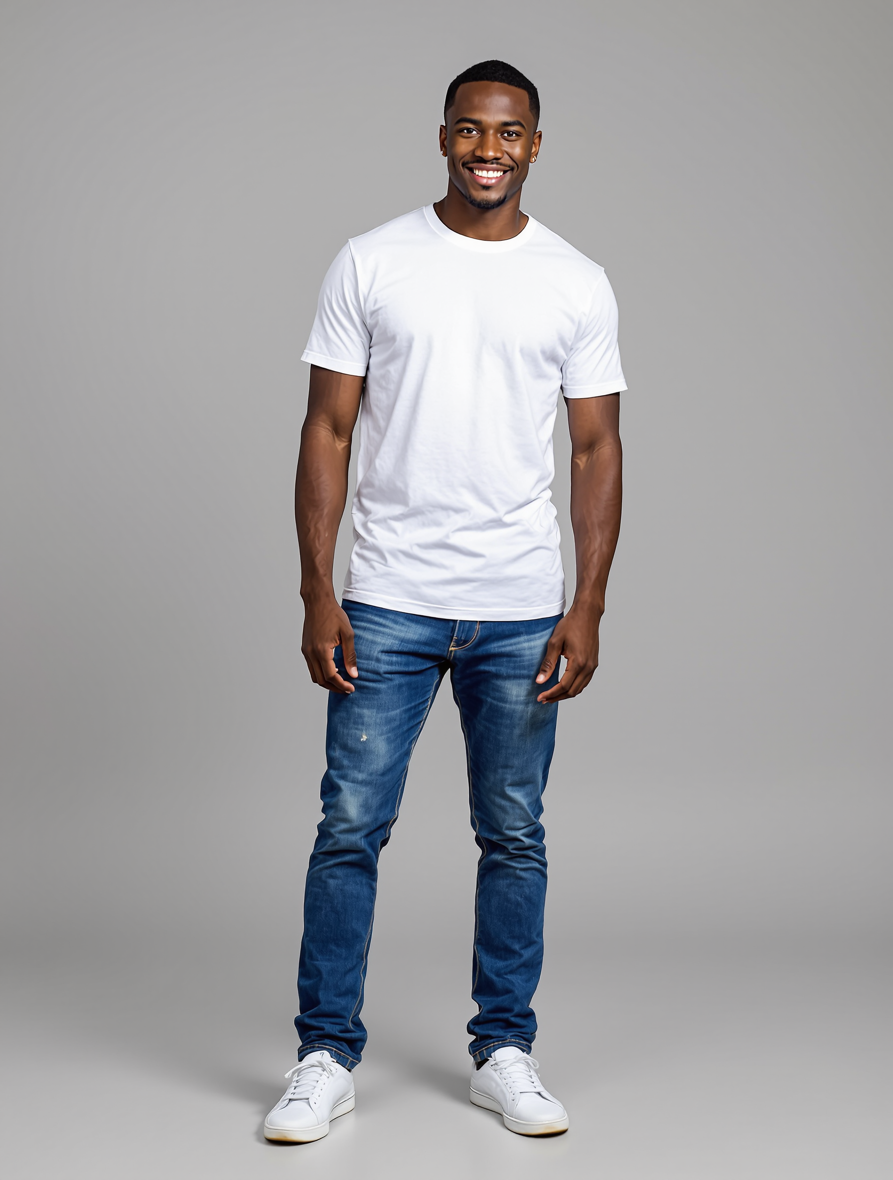 Man in white t-shirt and dark jeans smiling at camera