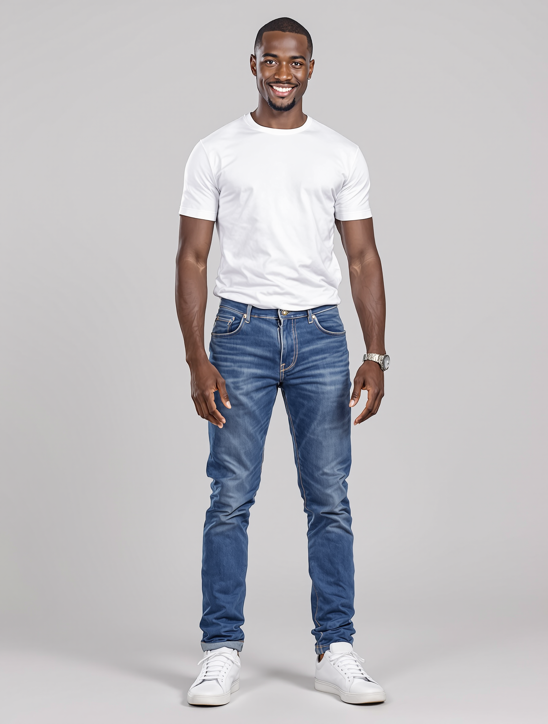 Man in white t-shirt and blue jeans with white sneakers