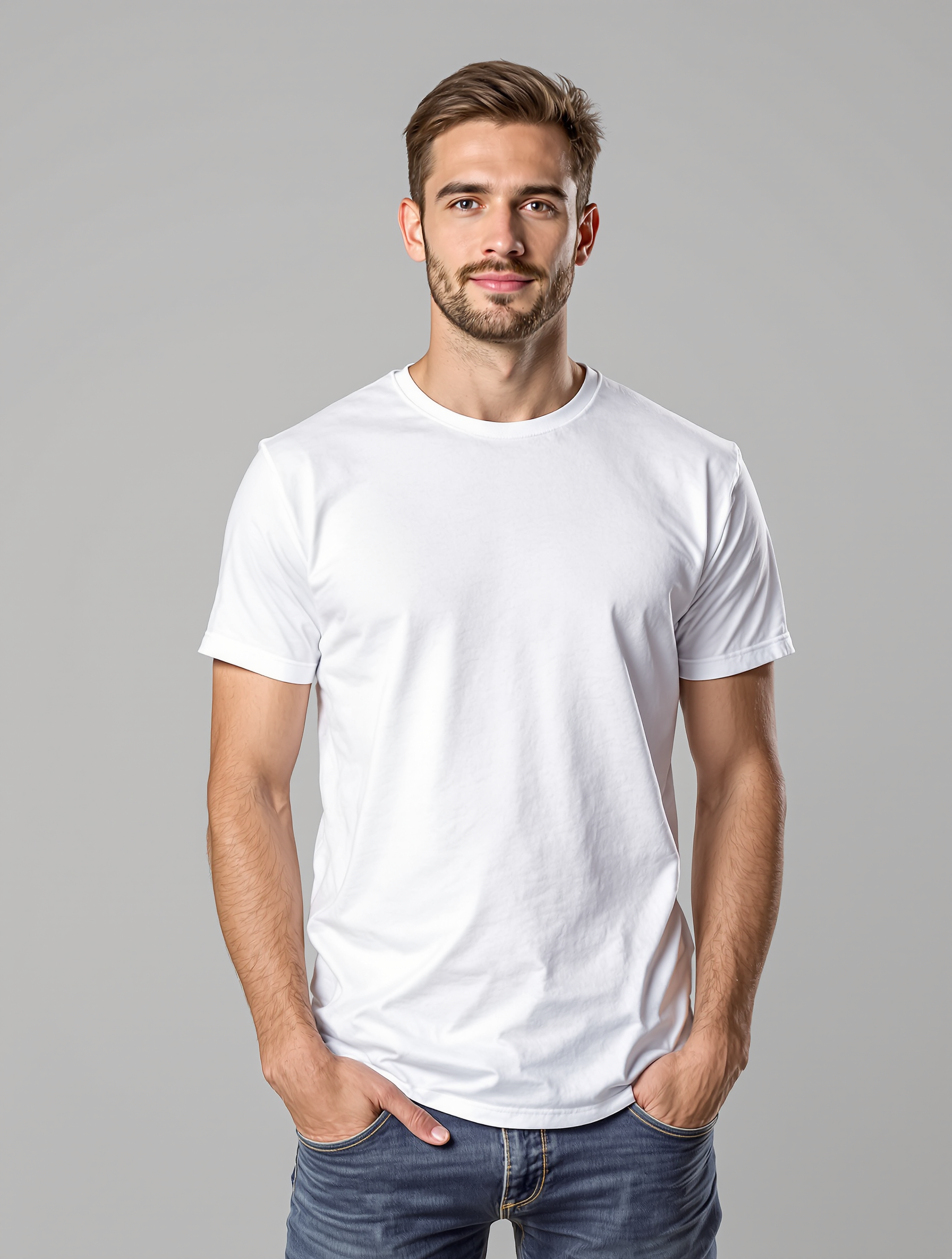 Man in white crew neck t-shirt and blue jeans studio portrait