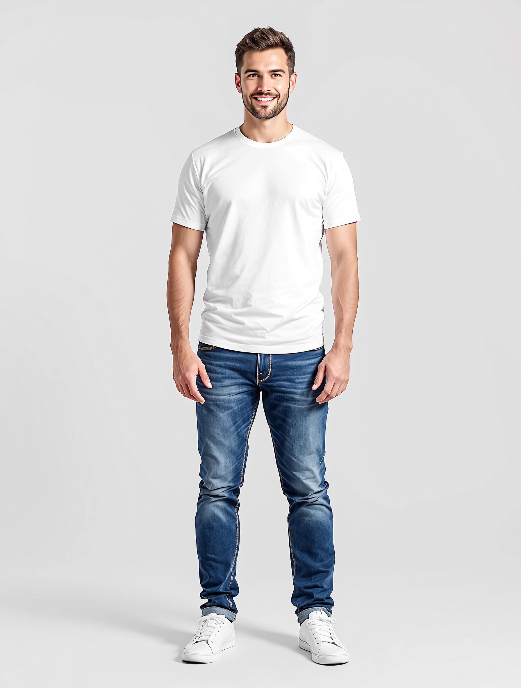 Man in white t-shirt and dark jeans standing against neutral background