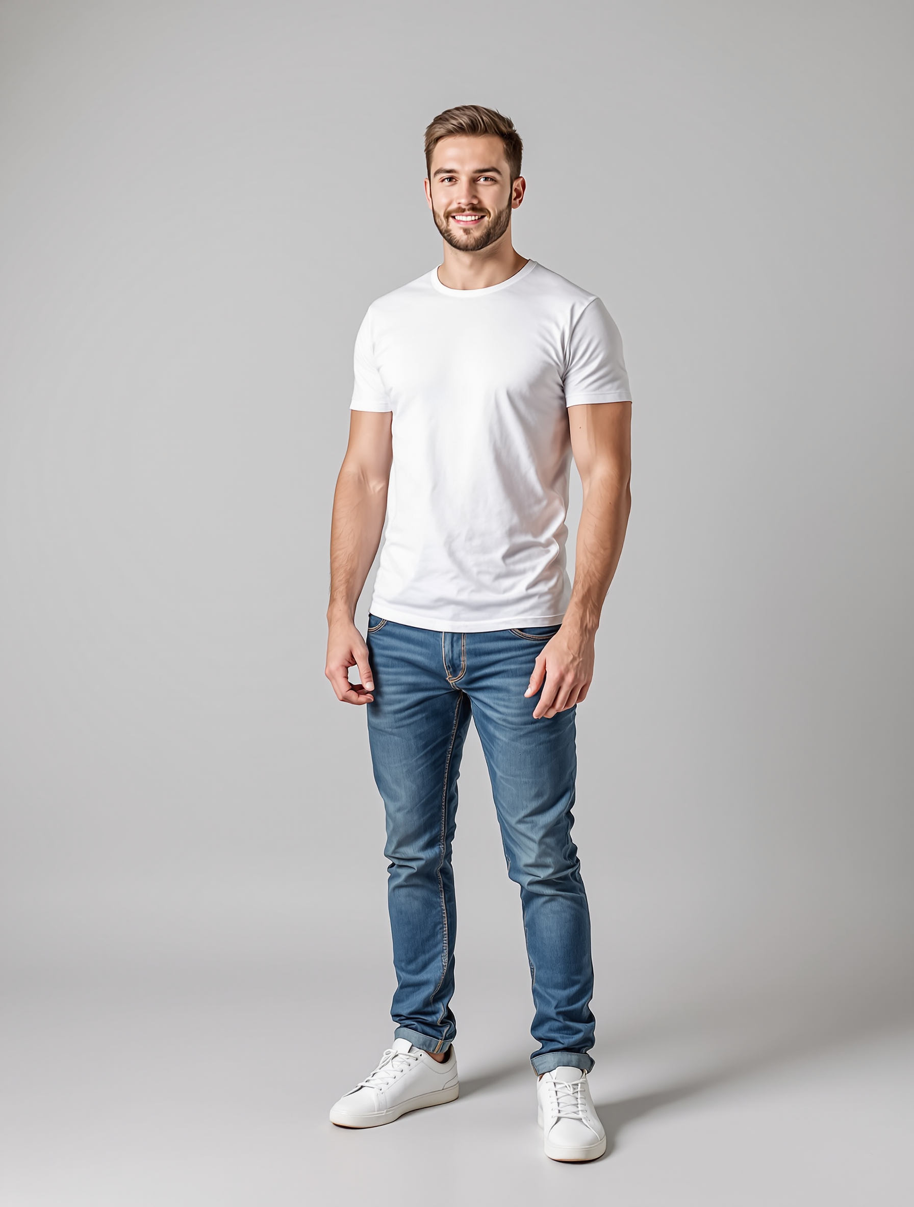 Man in white t-shirt and blue jeans standing against gray background