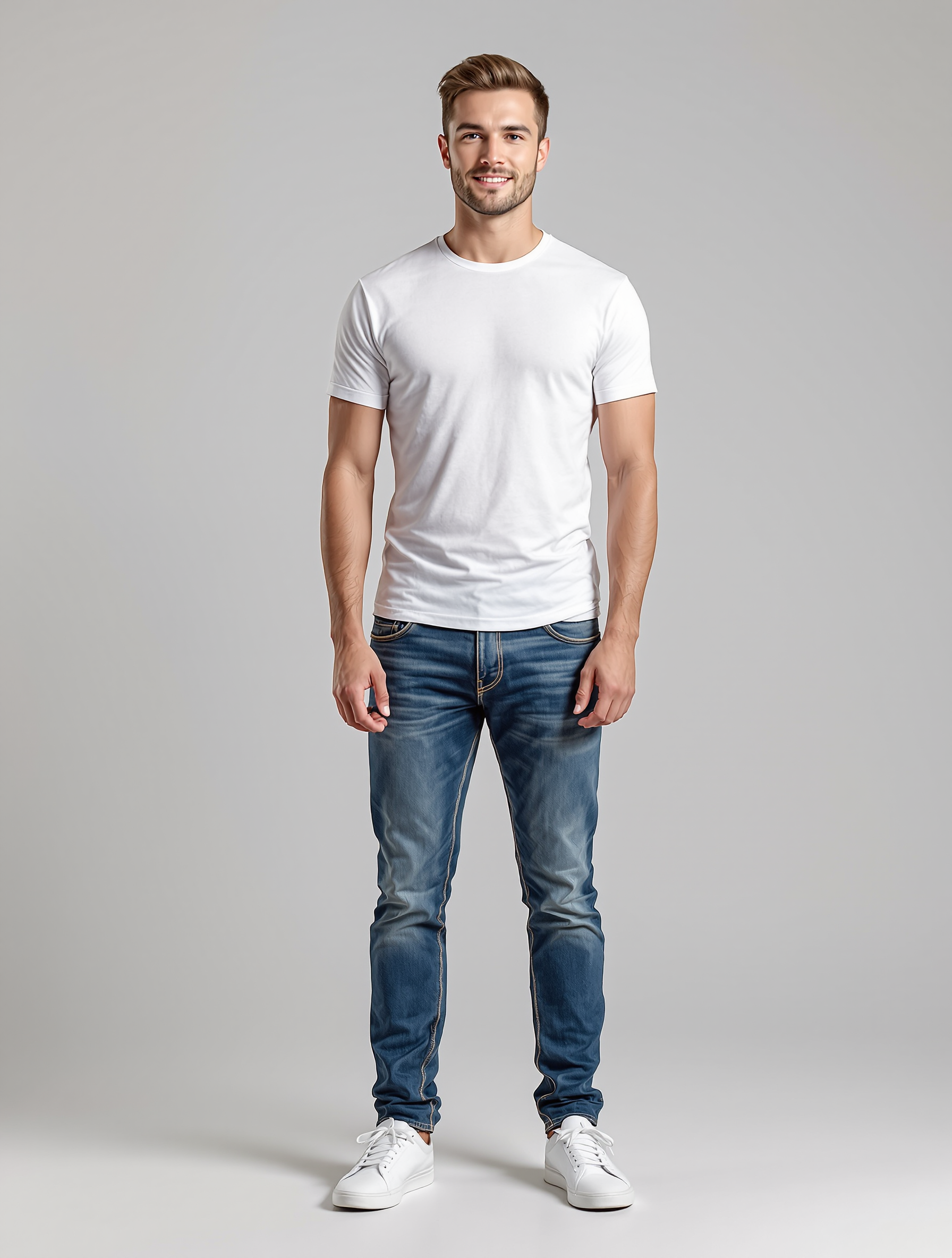 Man in white t-shirt and blue jeans with white sneakers