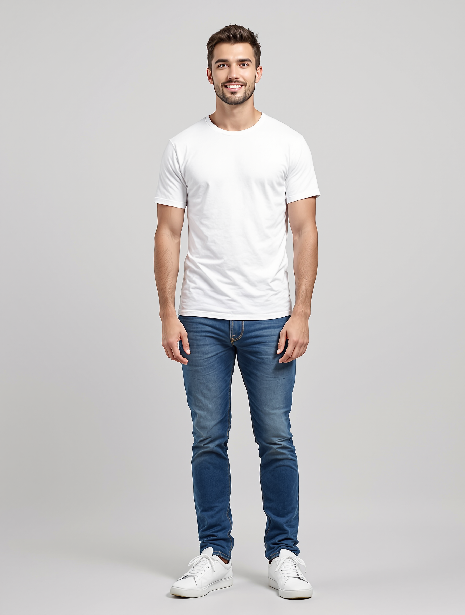 Man in white t-shirt and blue jeans standing against gray background