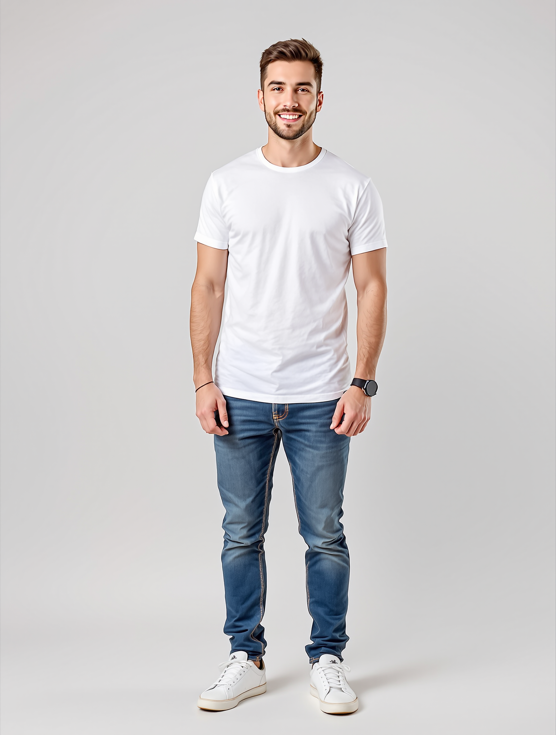 Man in white t-shirt and blue jeans with white sneakers