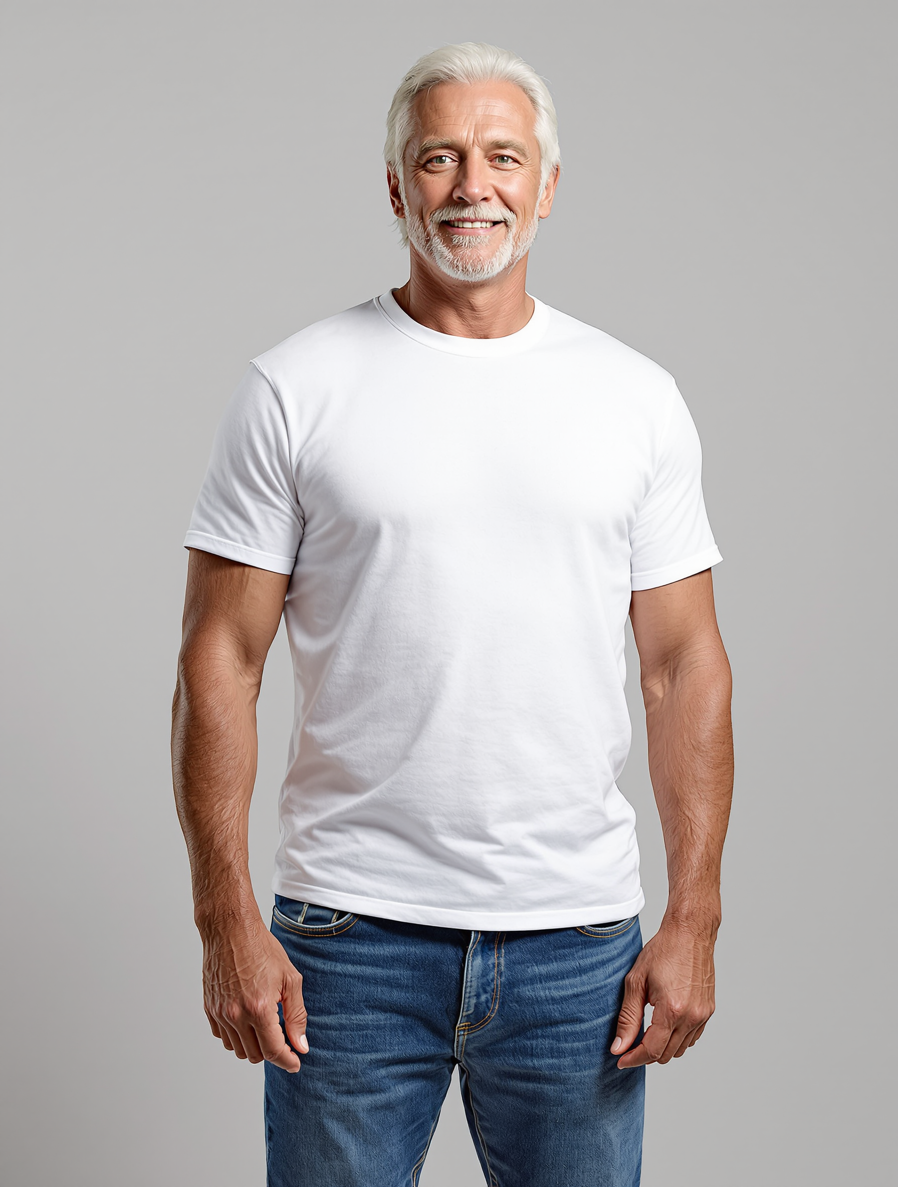 Older man with white hair and beard in white t-shirt and jeans