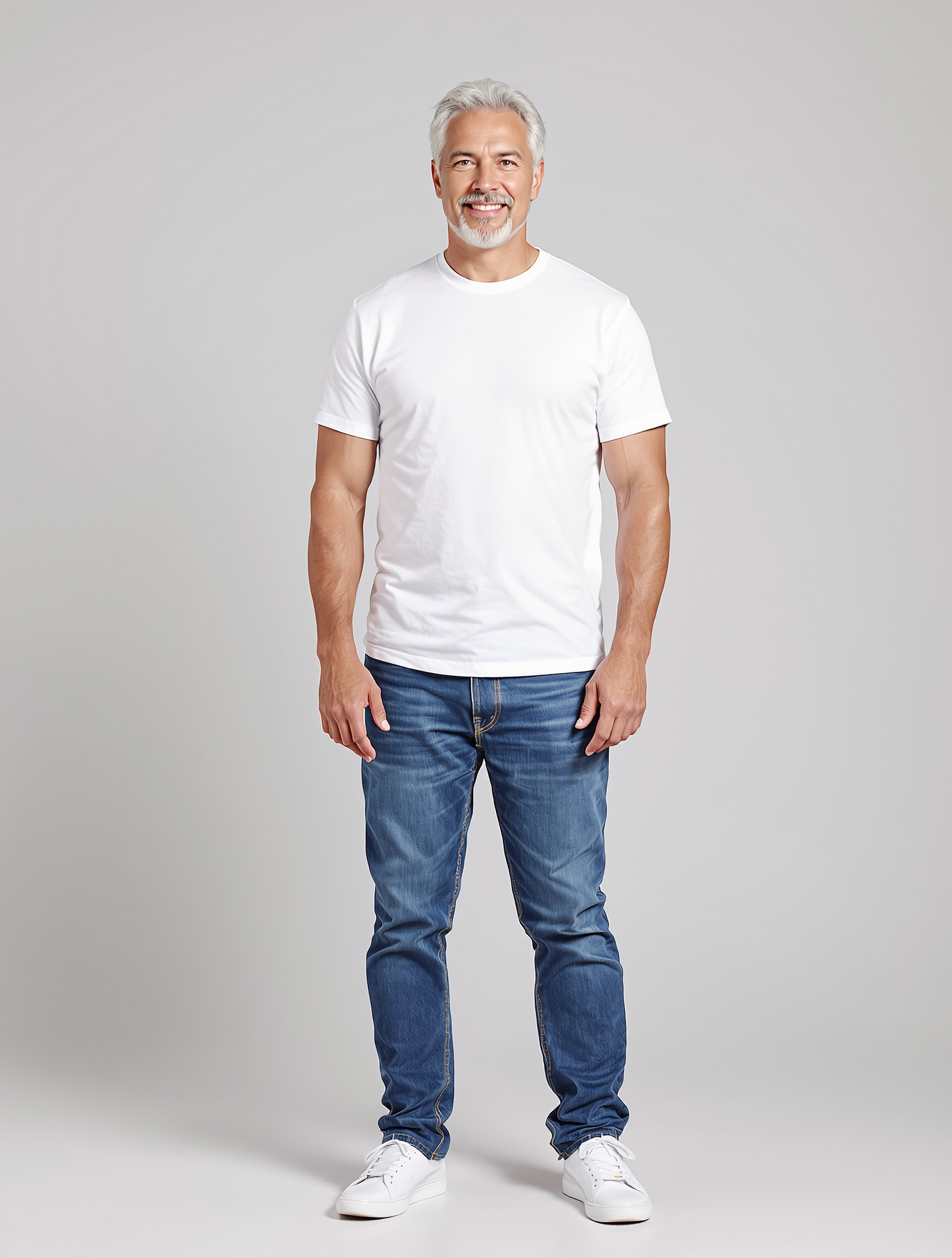 Man with gray hair in white t-shirt and blue jeans