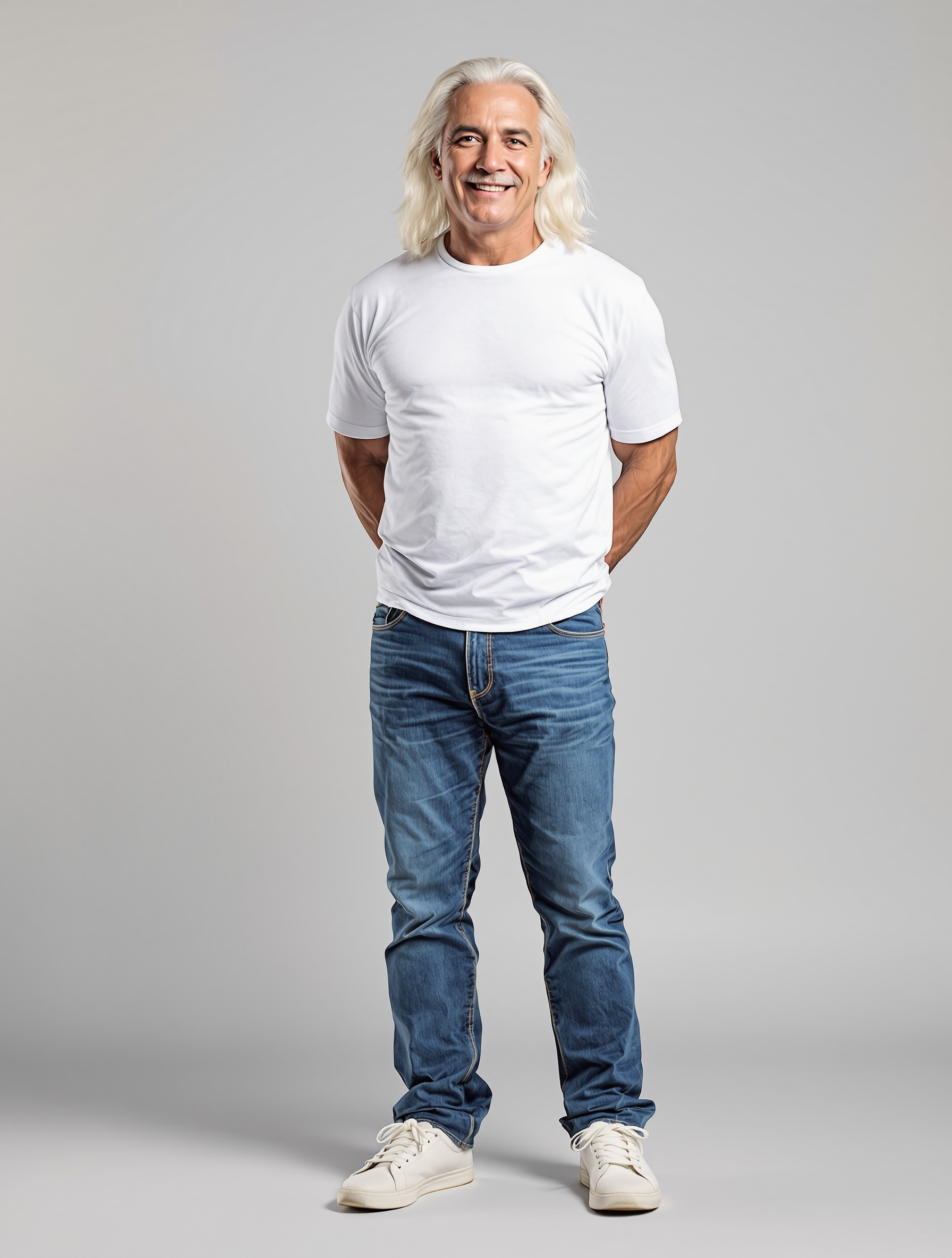 Man with long blonde hair in white t-shirt and jeans