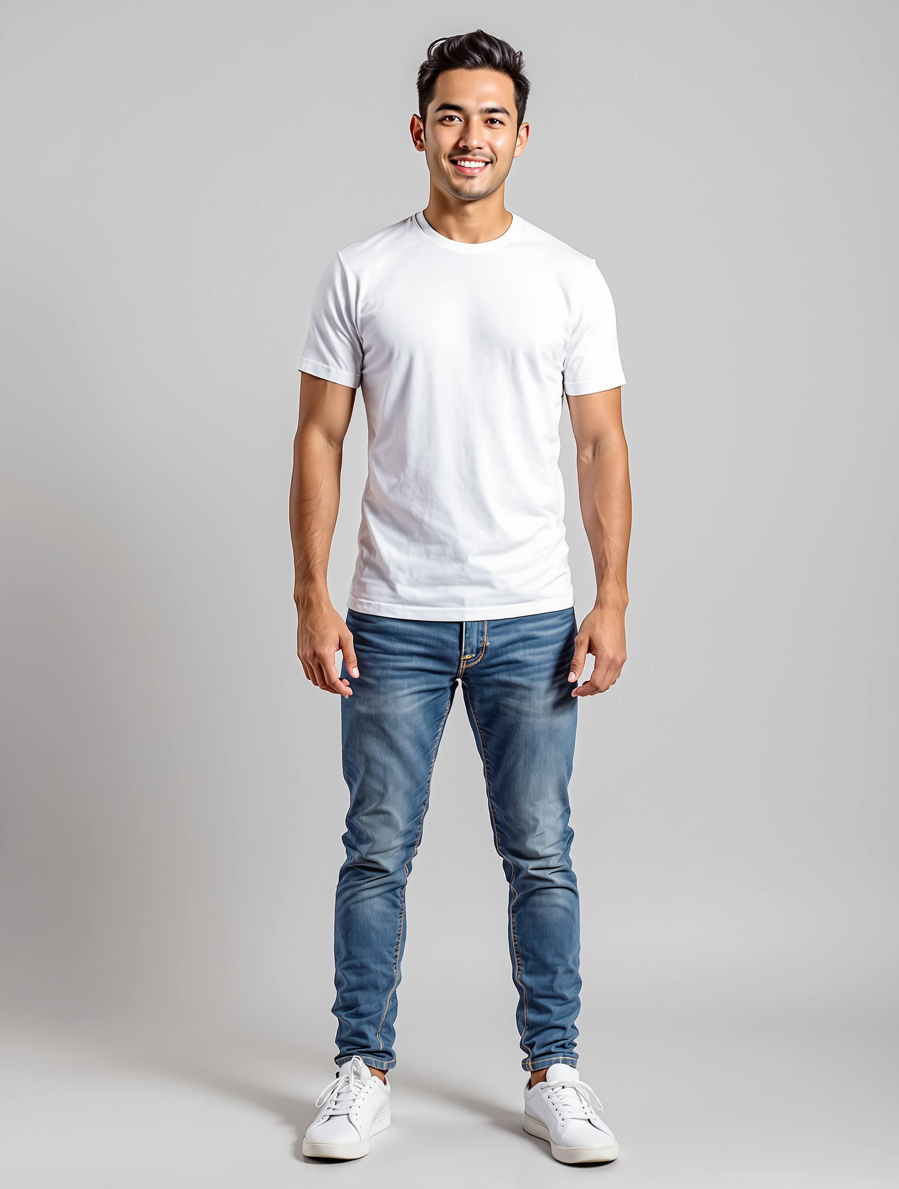 Man in white t-shirt and blue jeans standing against gray background