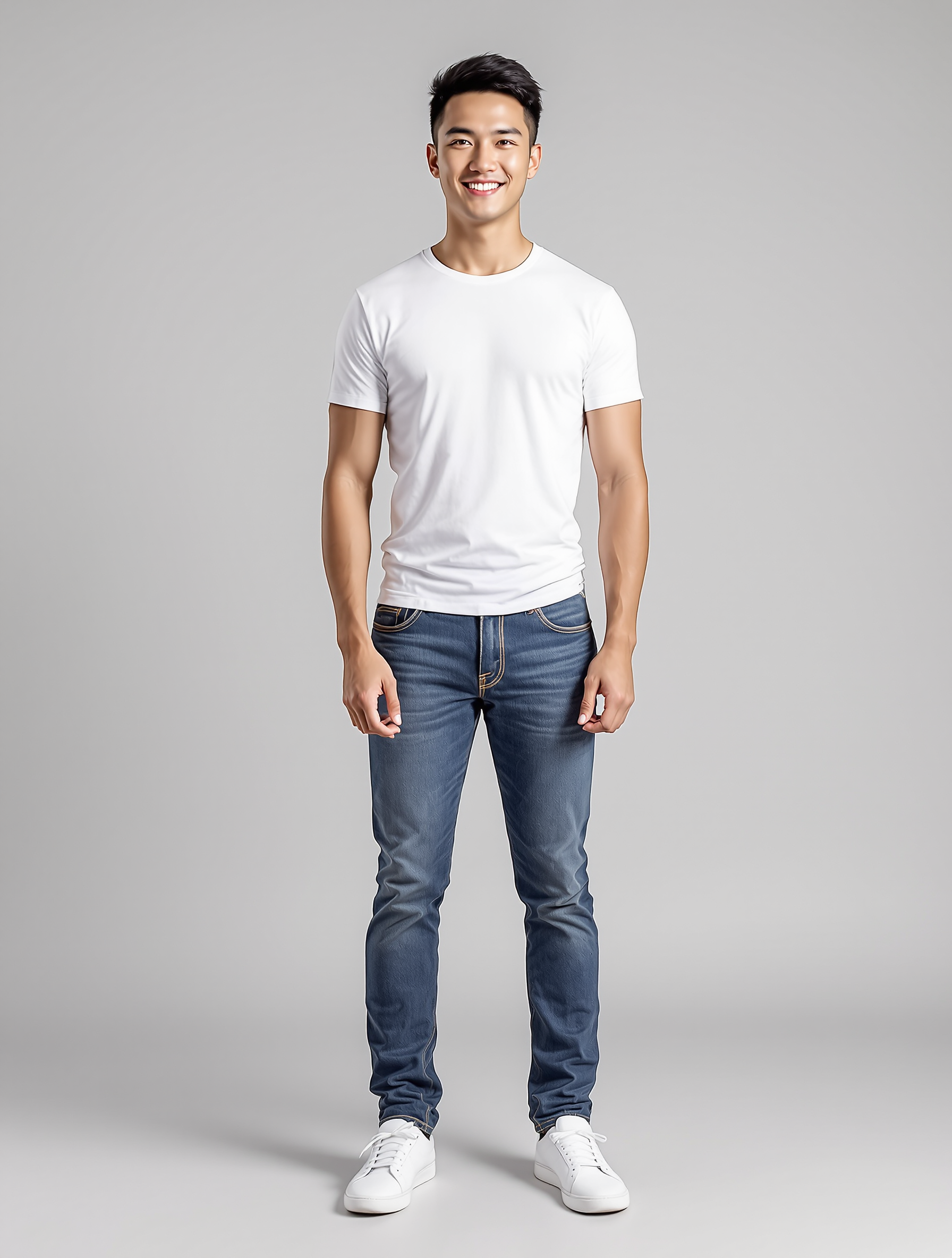 Man in white t-shirt and blue jeans smiling at camera