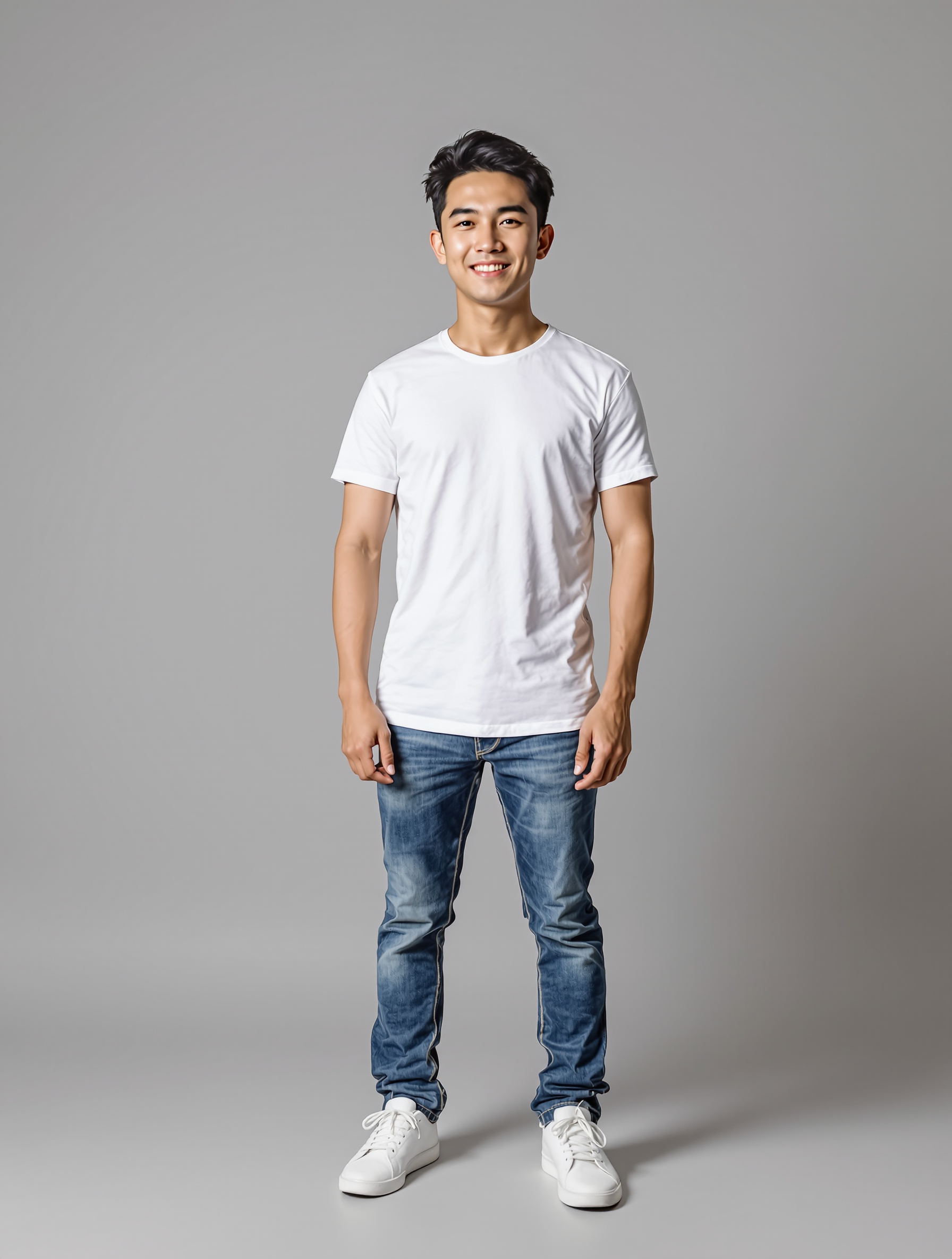 Young man in white t-shirt and blue jeans standing against gray background