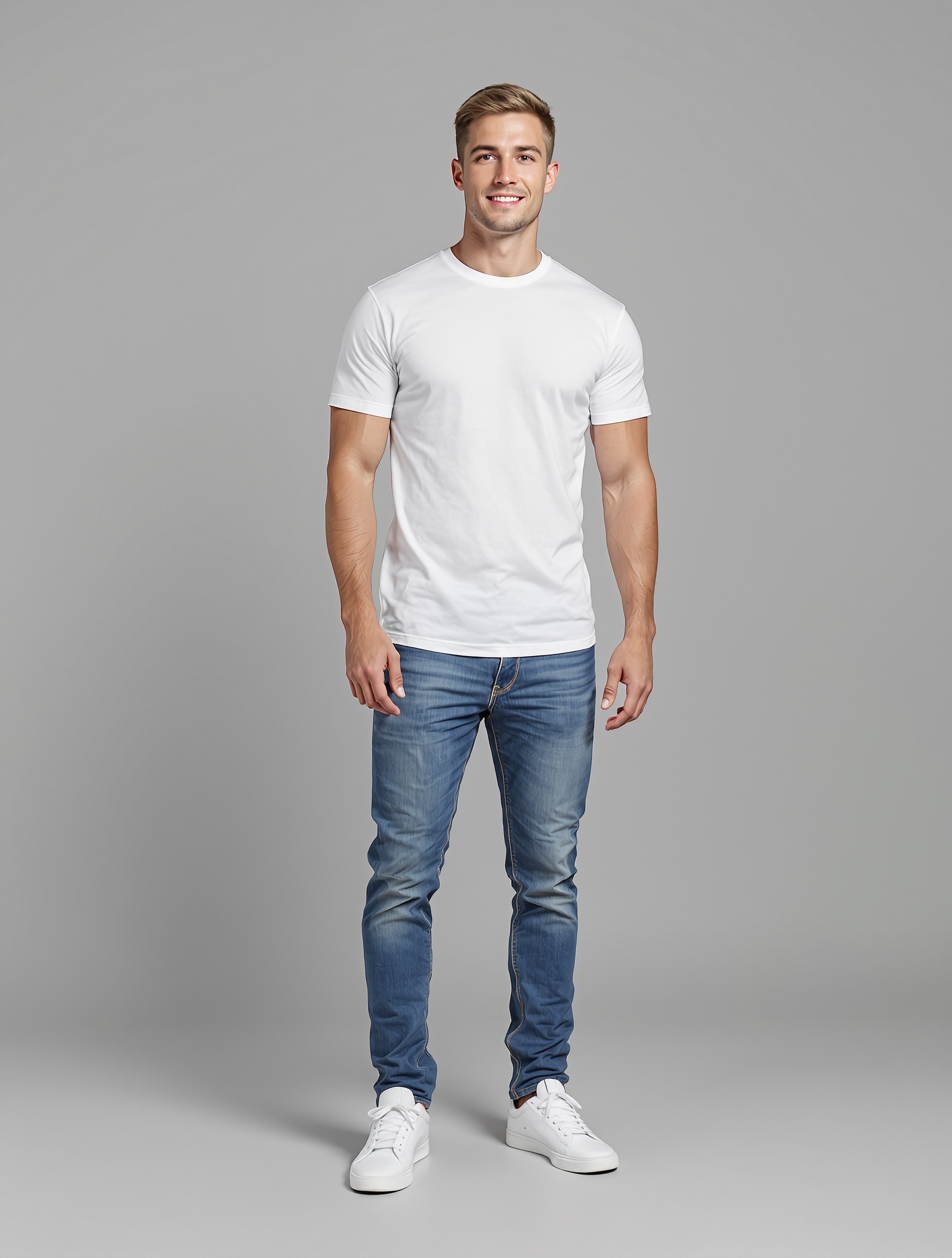 Man in white t-shirt and blue jeans with white sneakers
