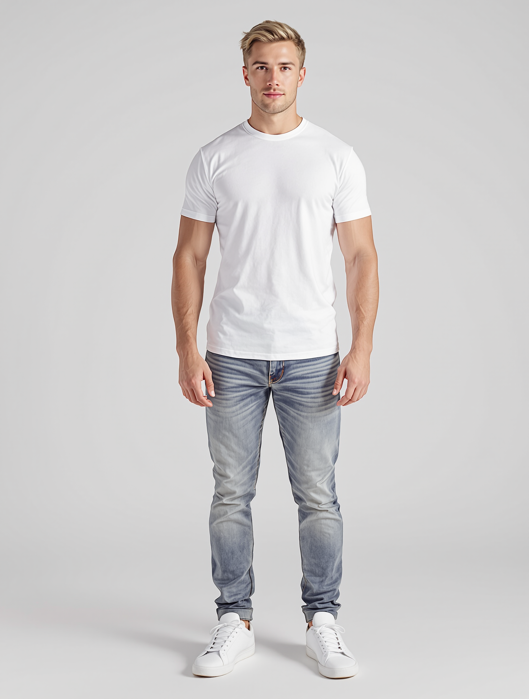 Man in white crew neck t-shirt and light wash jeans