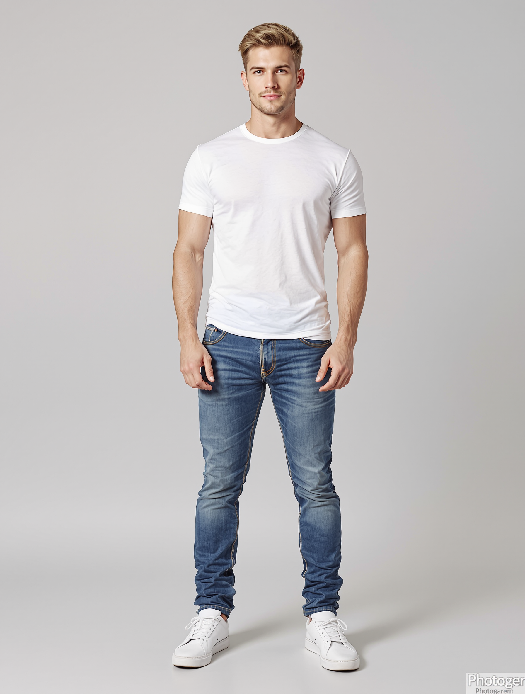 Man in white crew neck t-shirt and blue jeans standing