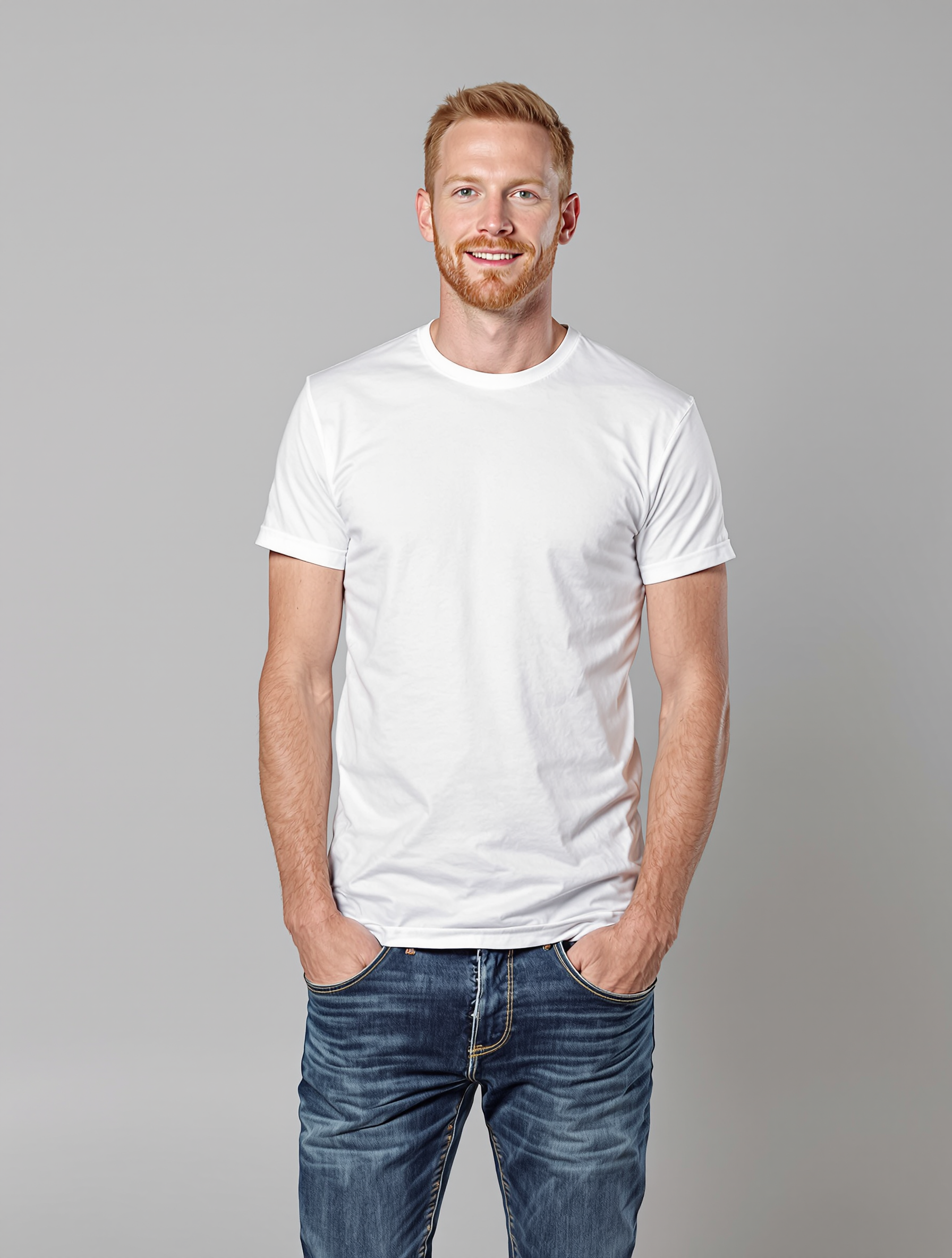 Man with red beard wearing white t-shirt and jeans