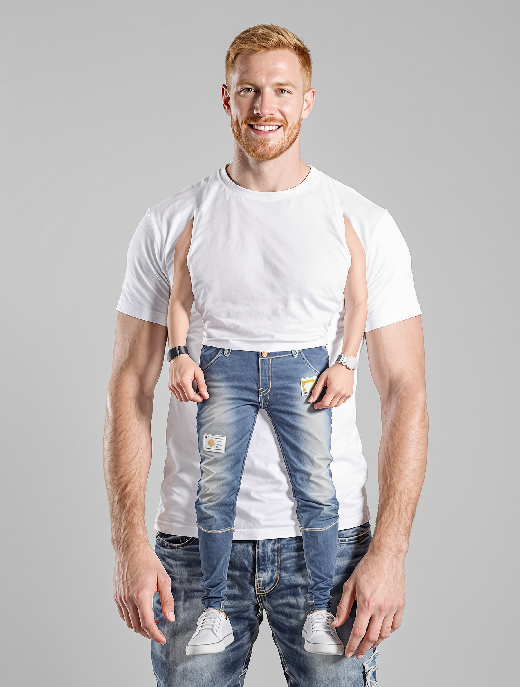 Man with reddish-blonde hair in white t-shirt and distressed jeans