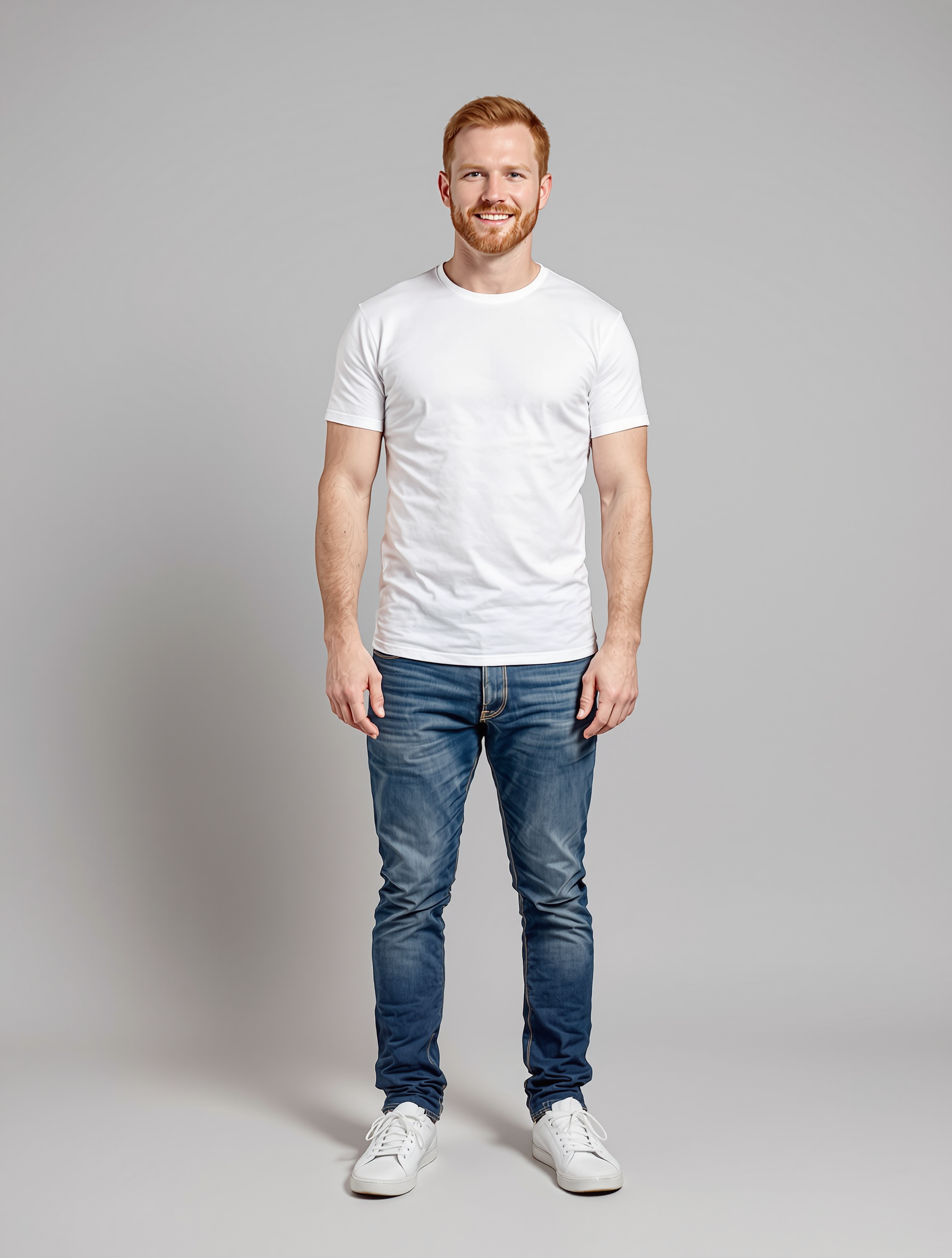 Man with reddish hair in white tee and dark jeans smiling