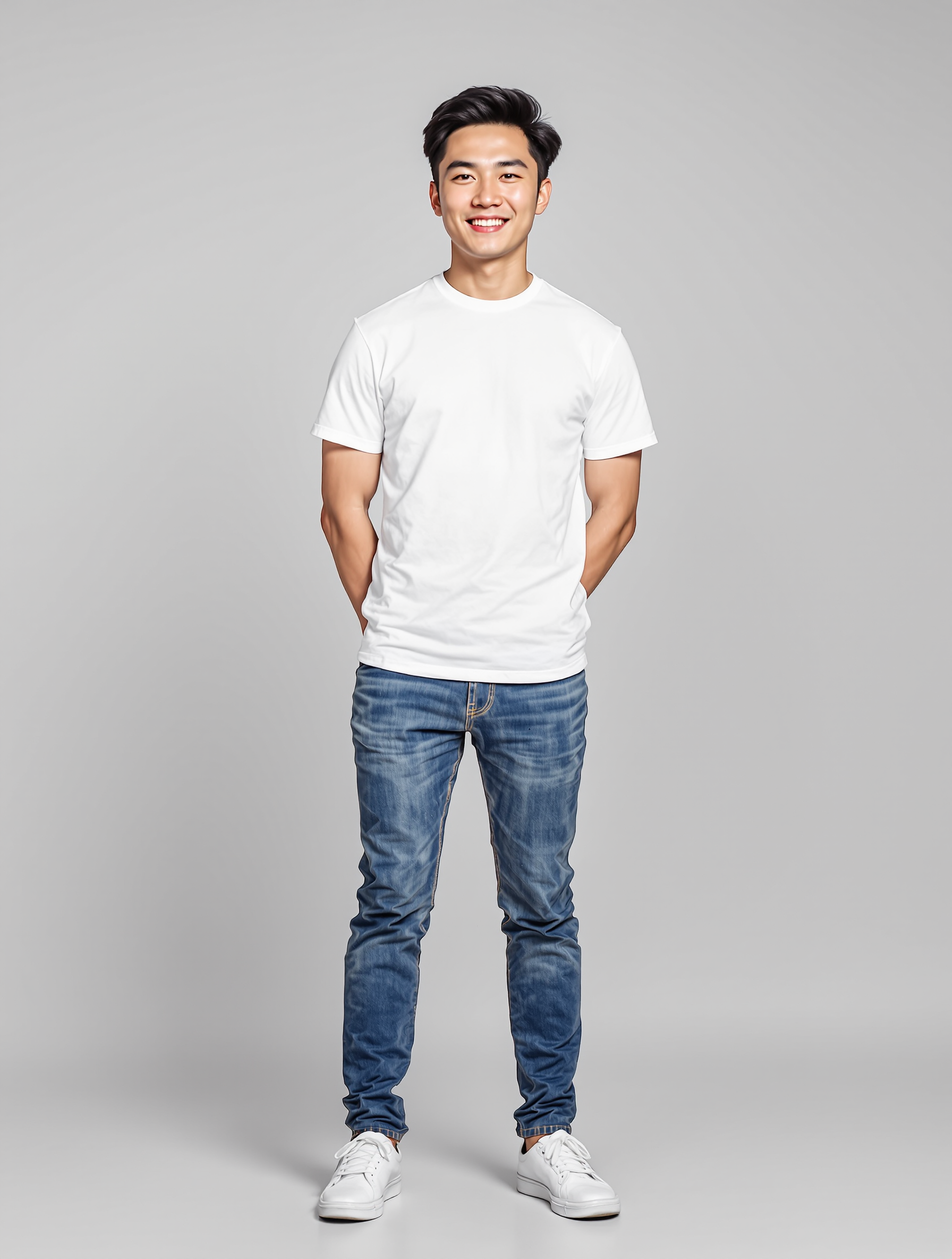 Man in white crewneck tee and blue jeans smiling at camera