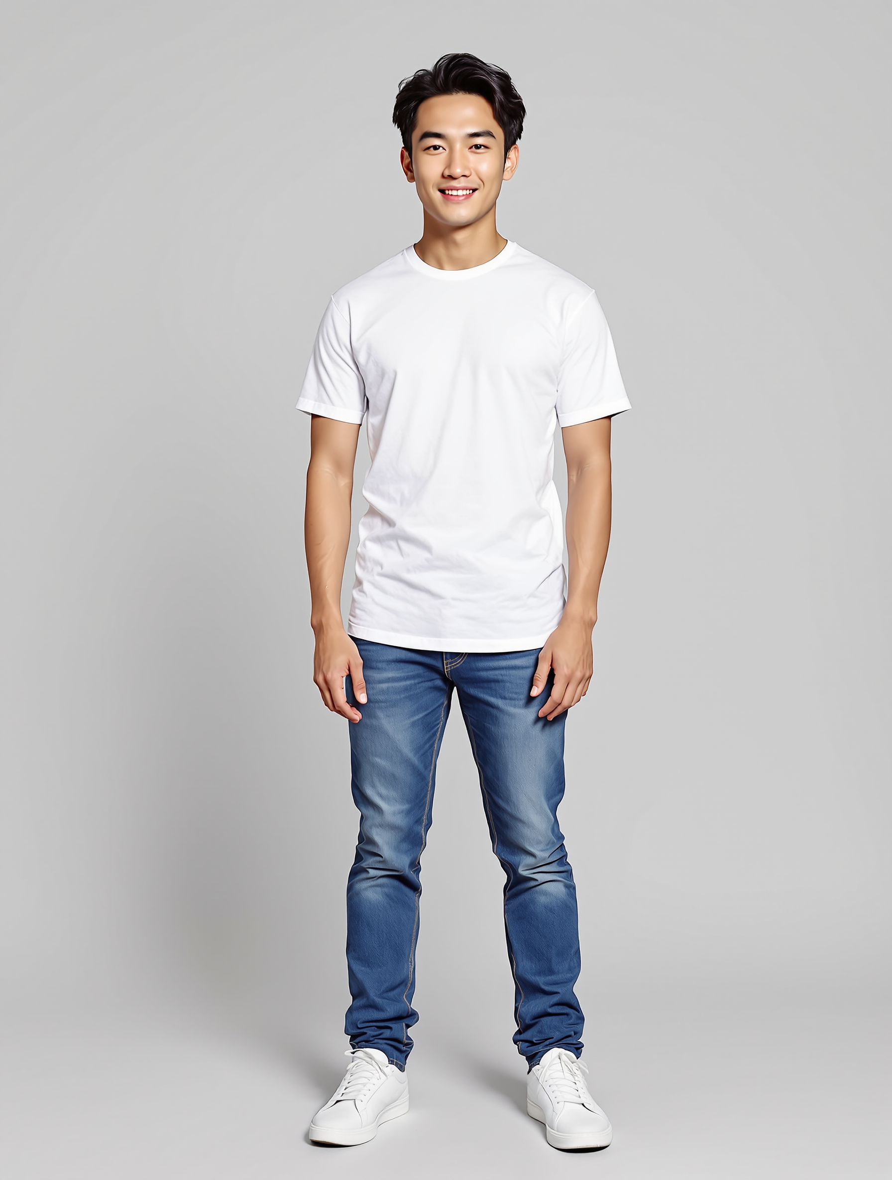 Person in white t-shirt and blue jeans standing against gray background