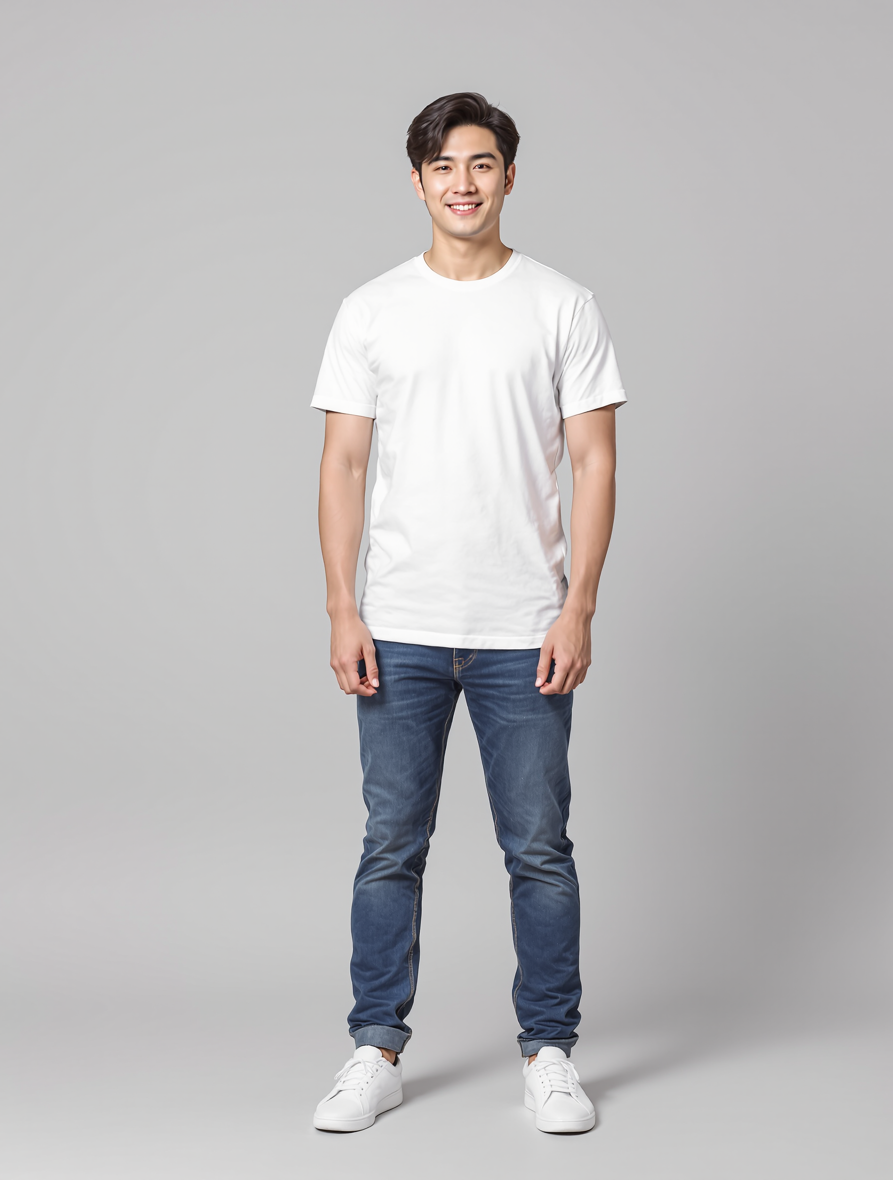 Man in white t-shirt and dark jeans smiling at camera