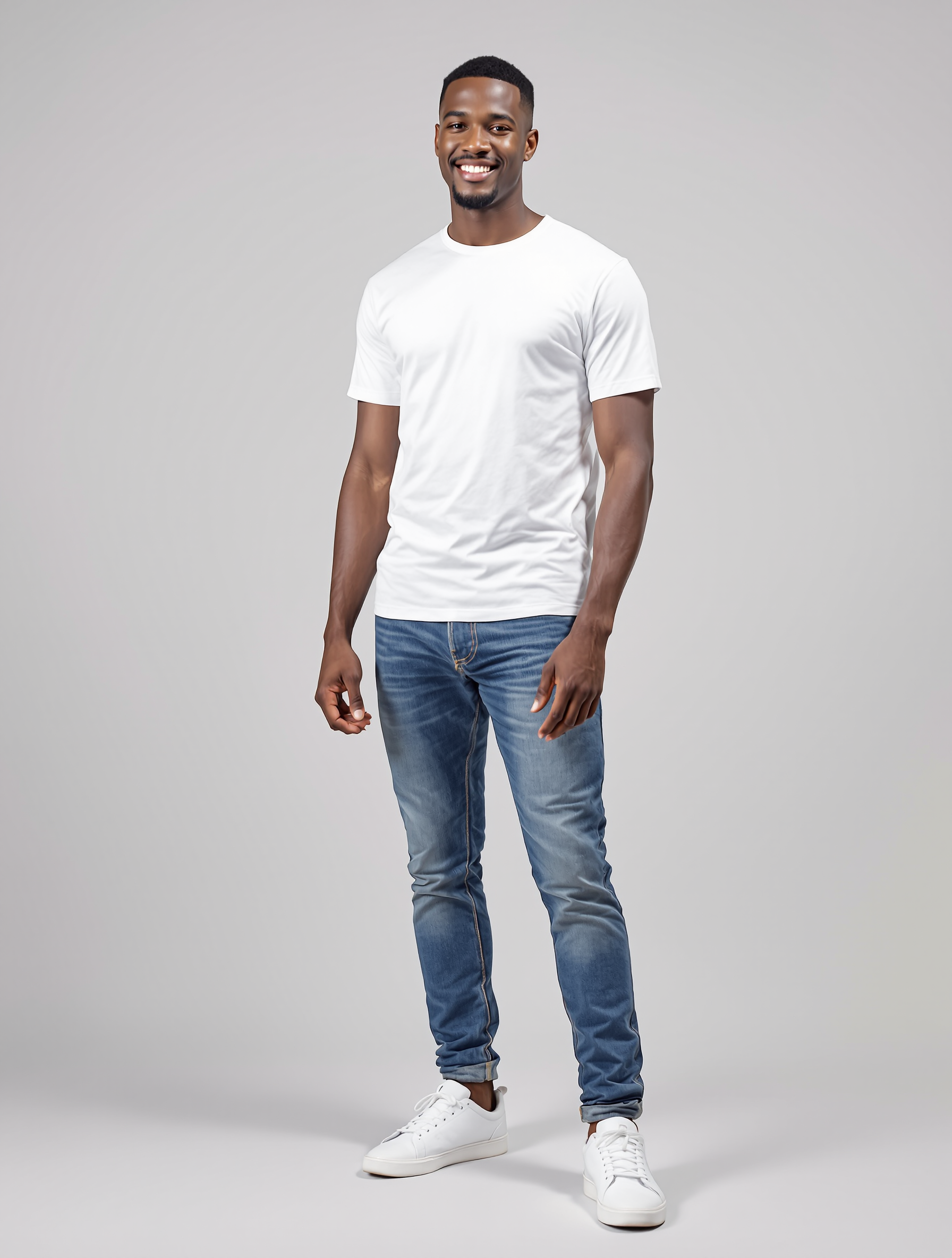 Man in white t-shirt and blue jeans smiling at camera