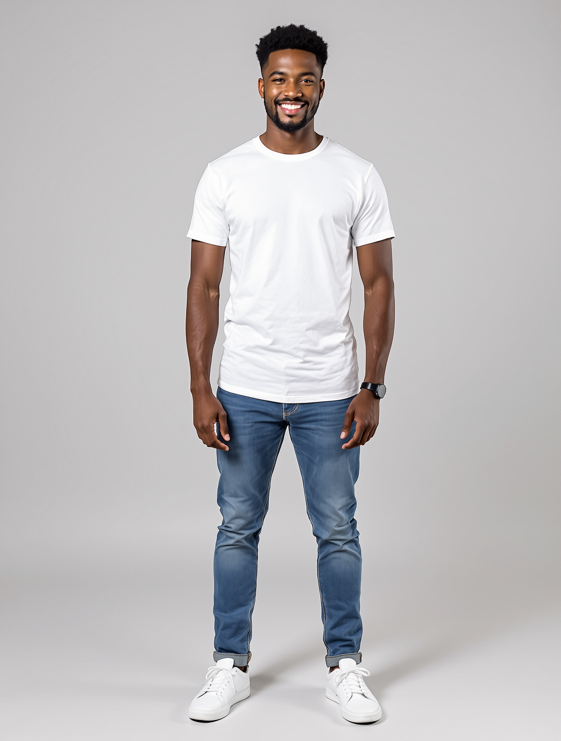 Man in white t-shirt and blue jeans smiling at camera