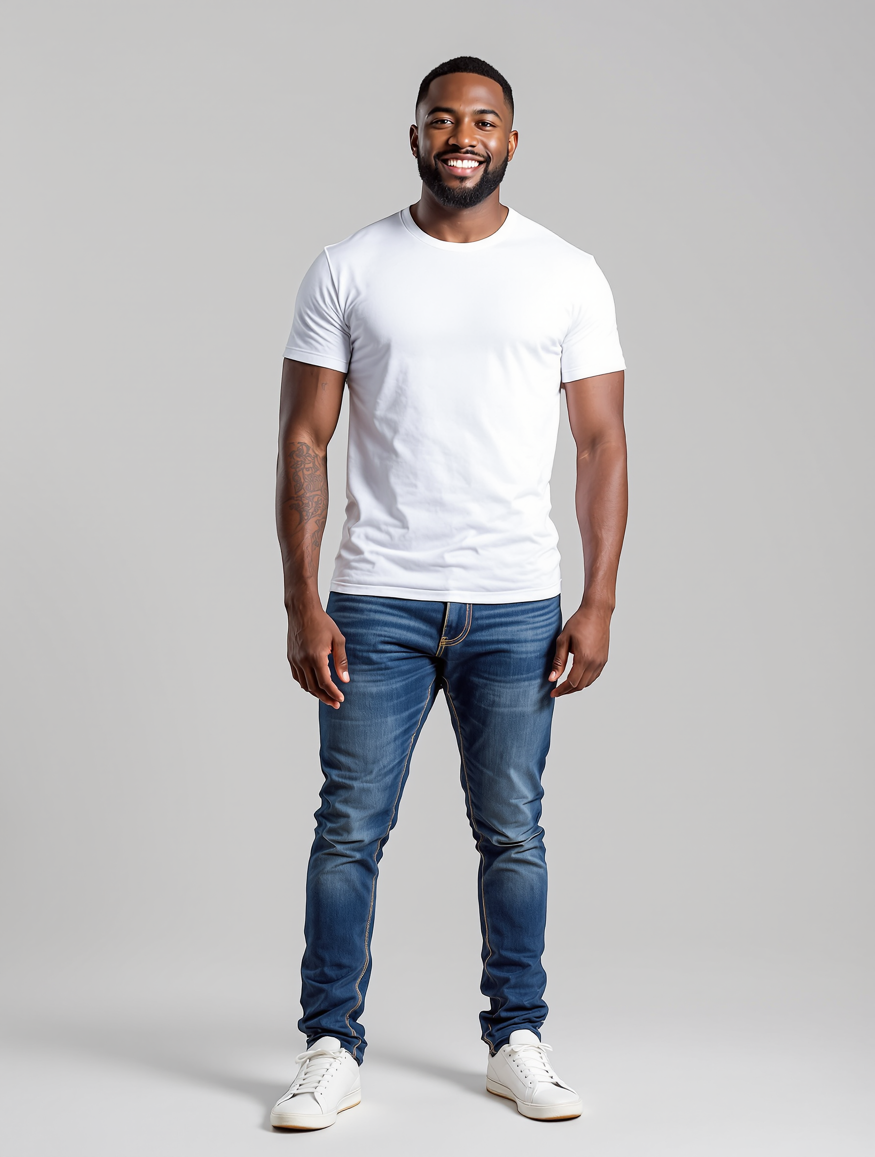 Man in white t-shirt and dark jeans smiling at camera