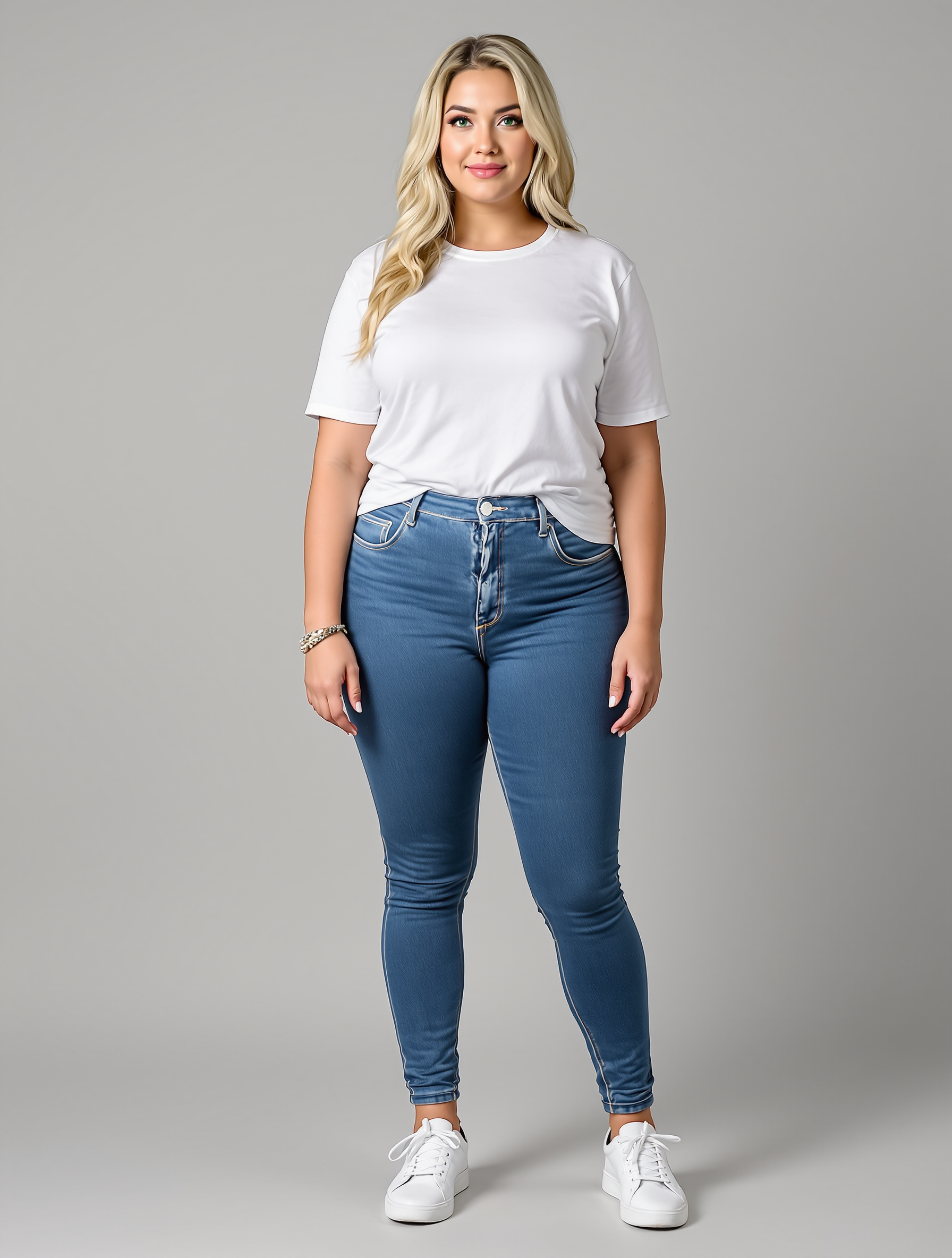 Woman in white t-shirt and blue skinny jeans with white sneakers