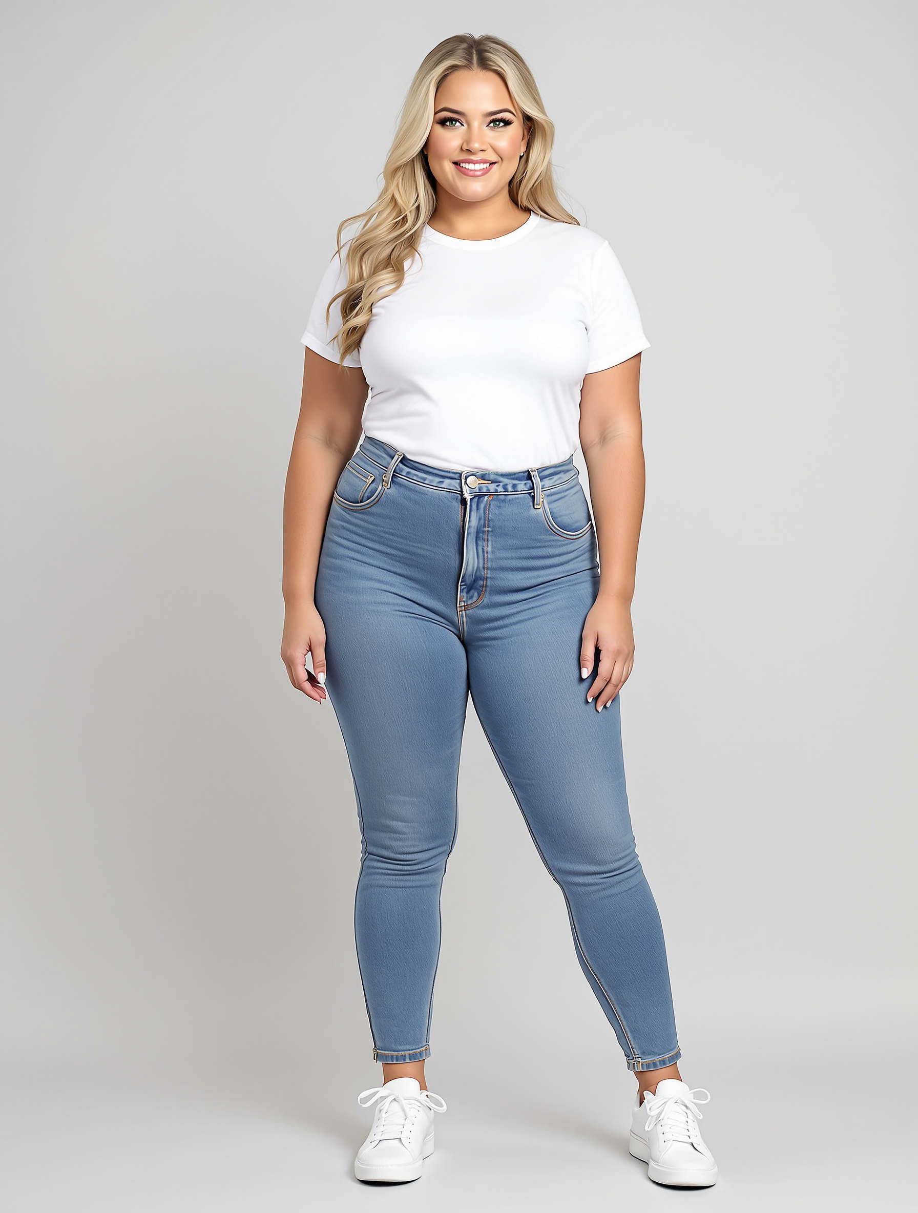 Woman in white t-shirt and light blue jeans with white sneakers