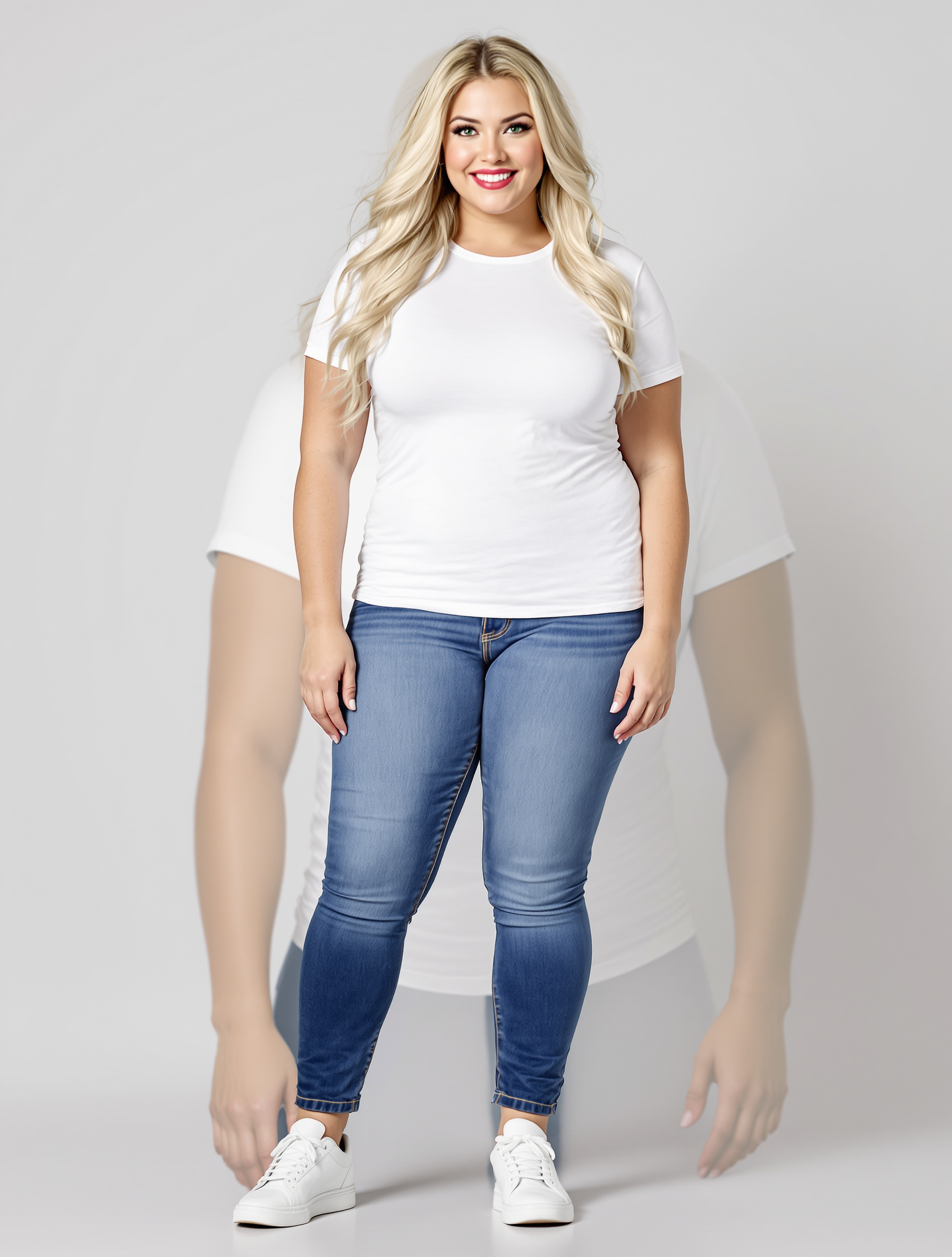 Blonde woman in white t-shirt and blue jeans standing portrait