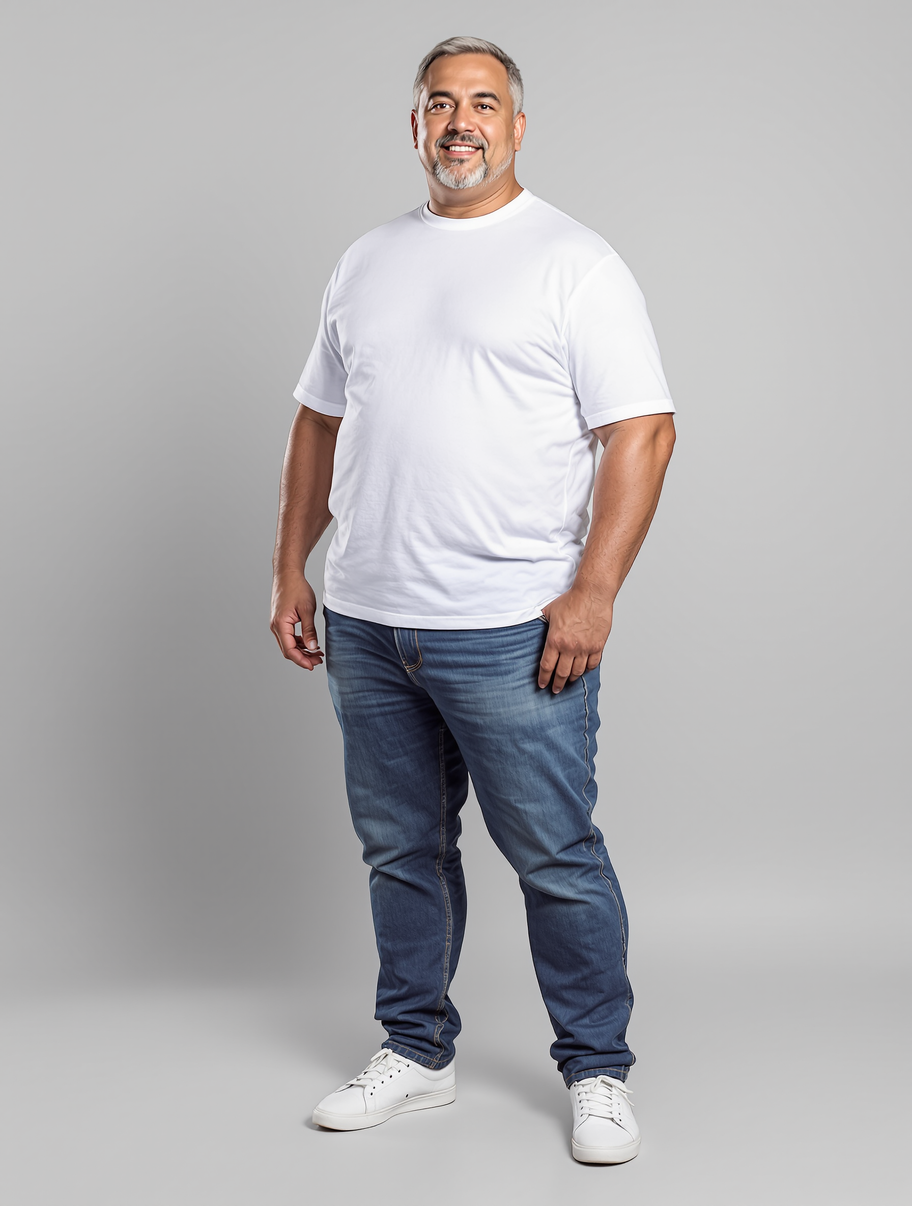Man in white t-shirt and blue jeans standing against gray background