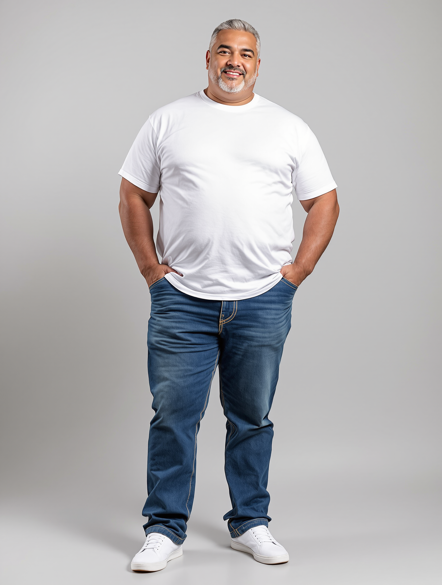 Man with gray hair in white t-shirt and blue jeans