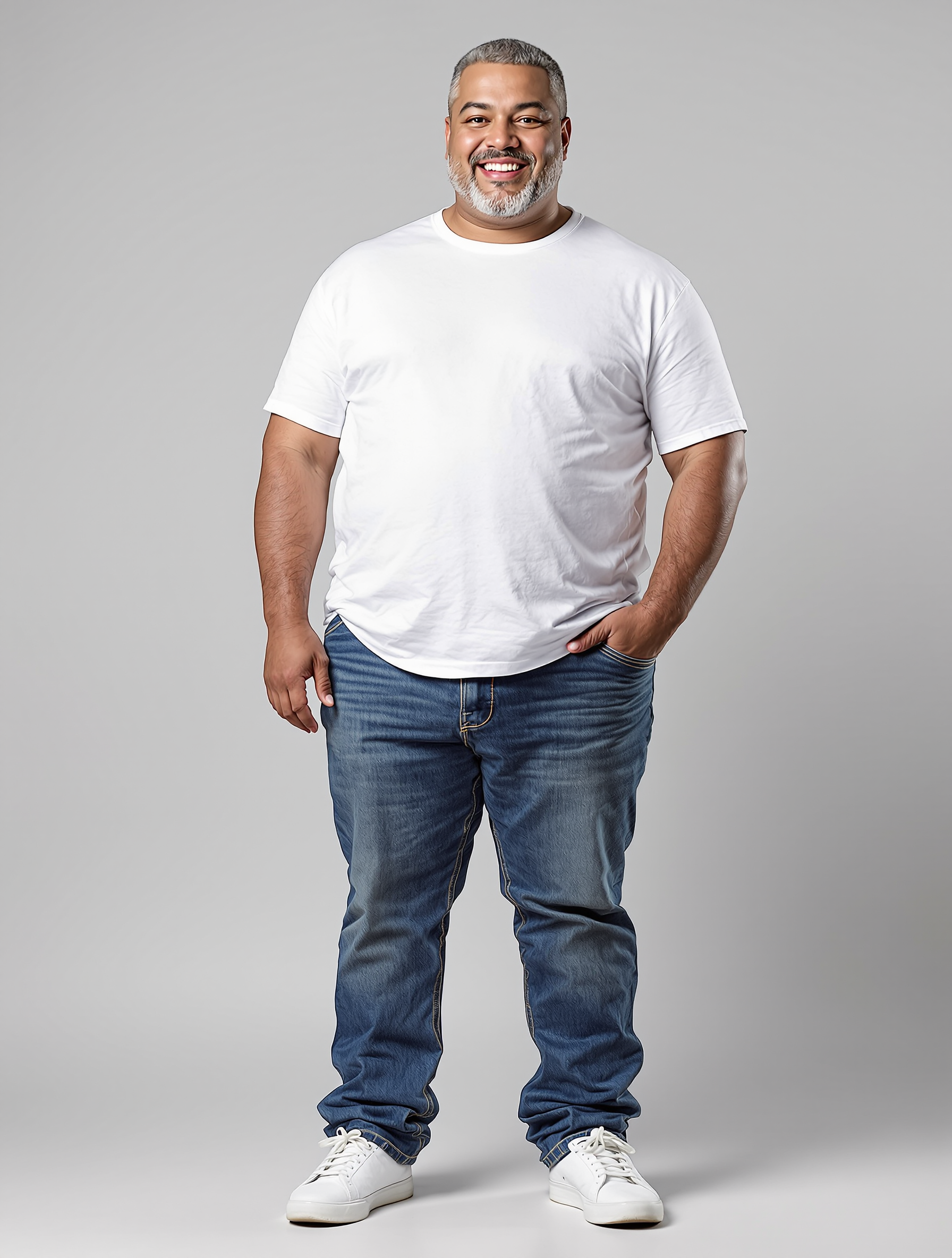 Man in white t-shirt and blue jeans smiling at camera