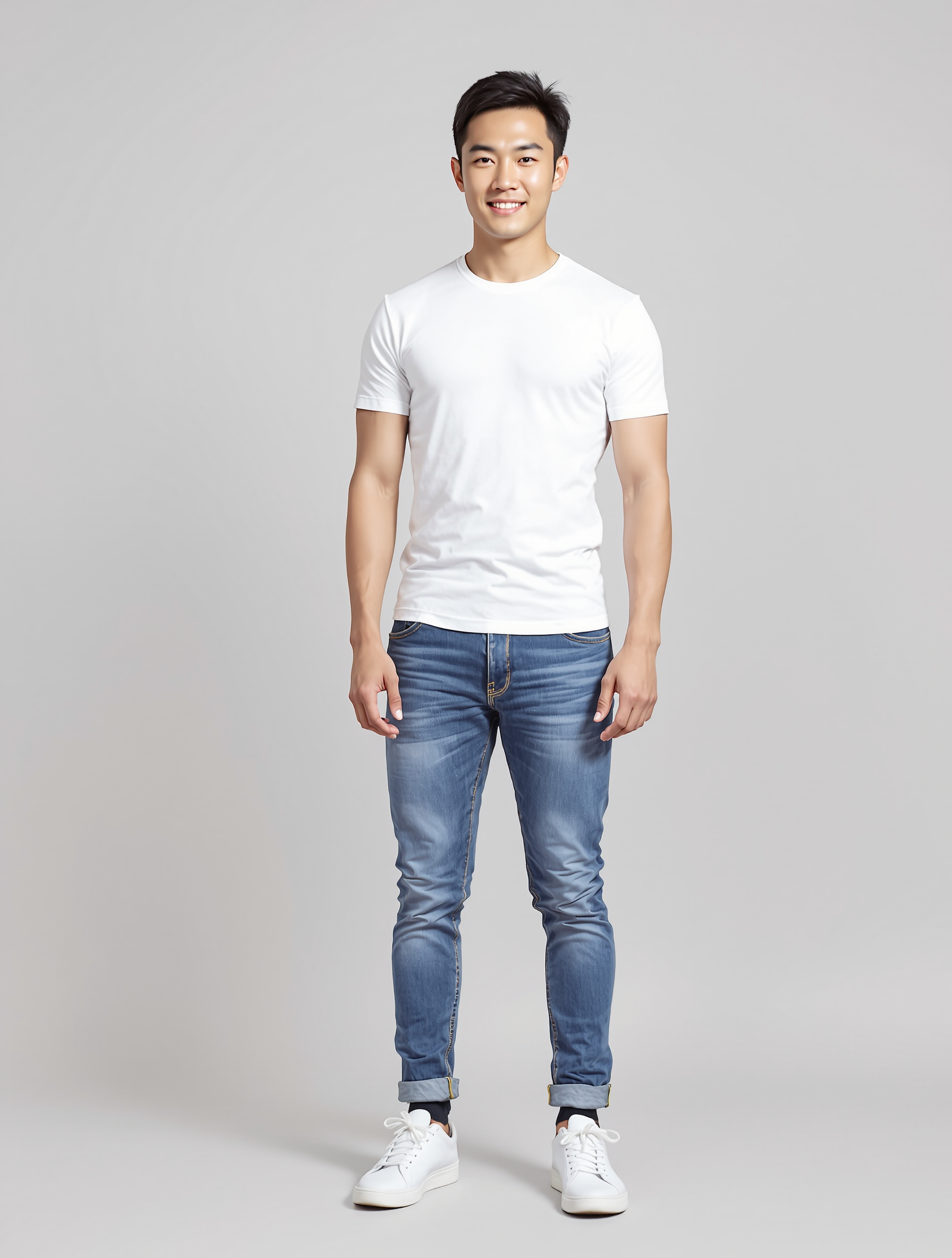 Man in white t-shirt and cuffed blue jeans with white sneakers