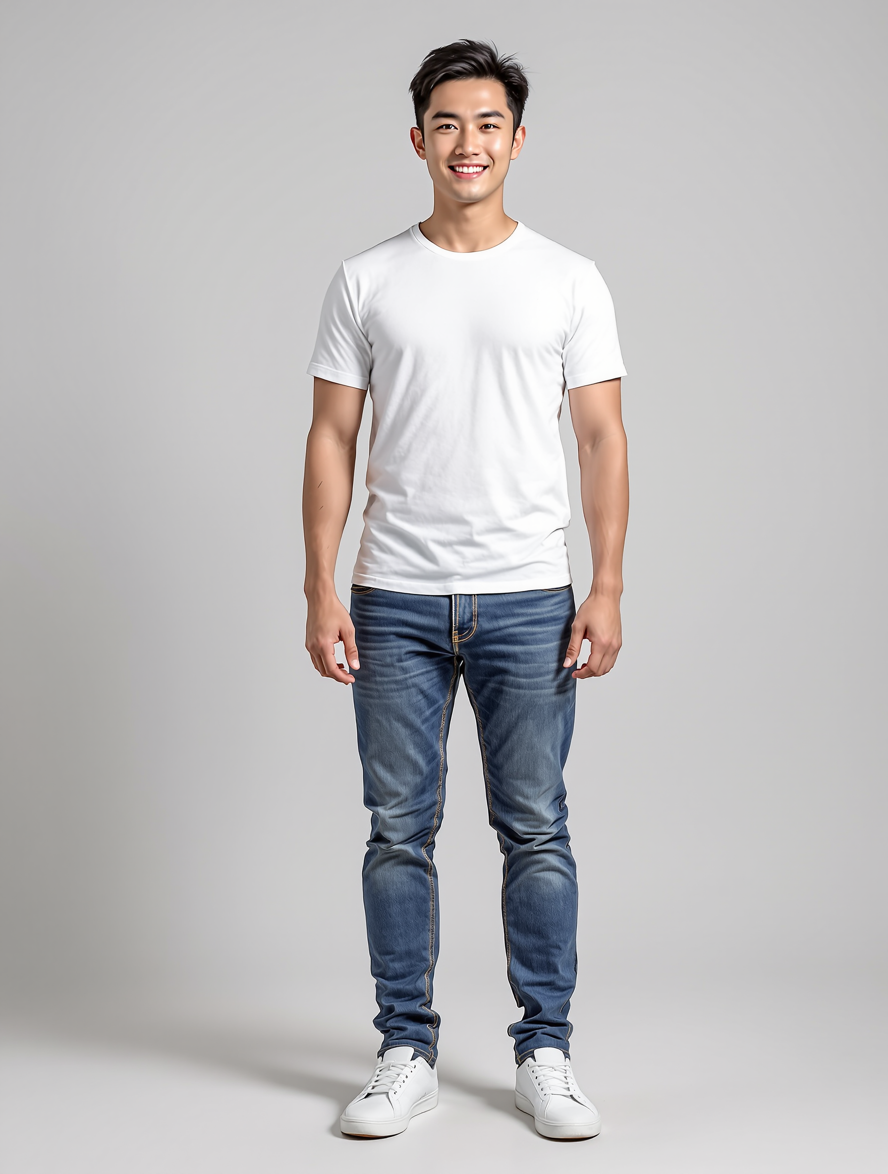 Man in white t-shirt and blue jeans with white sneakers