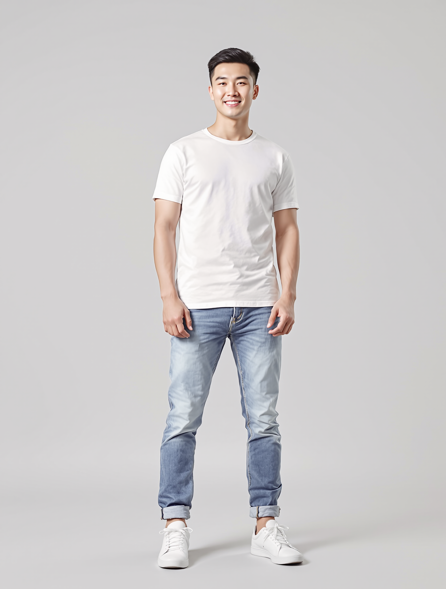 Young man in white t-shirt and rolled blue jeans with white sneakers